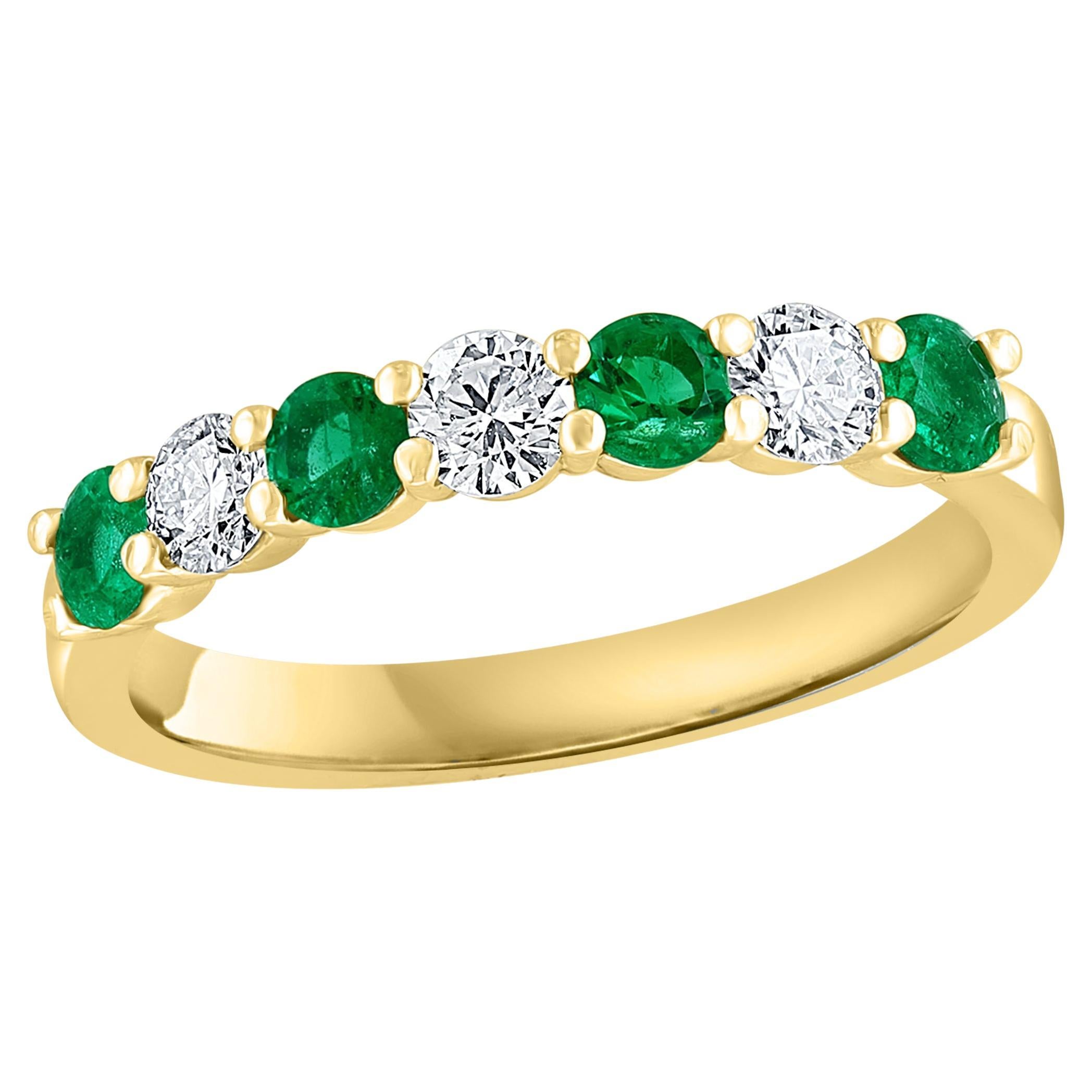 0.97 Carat Alternating Emerald and Diamond Halfway Wedding Band 14K Yellow Gold For Sale