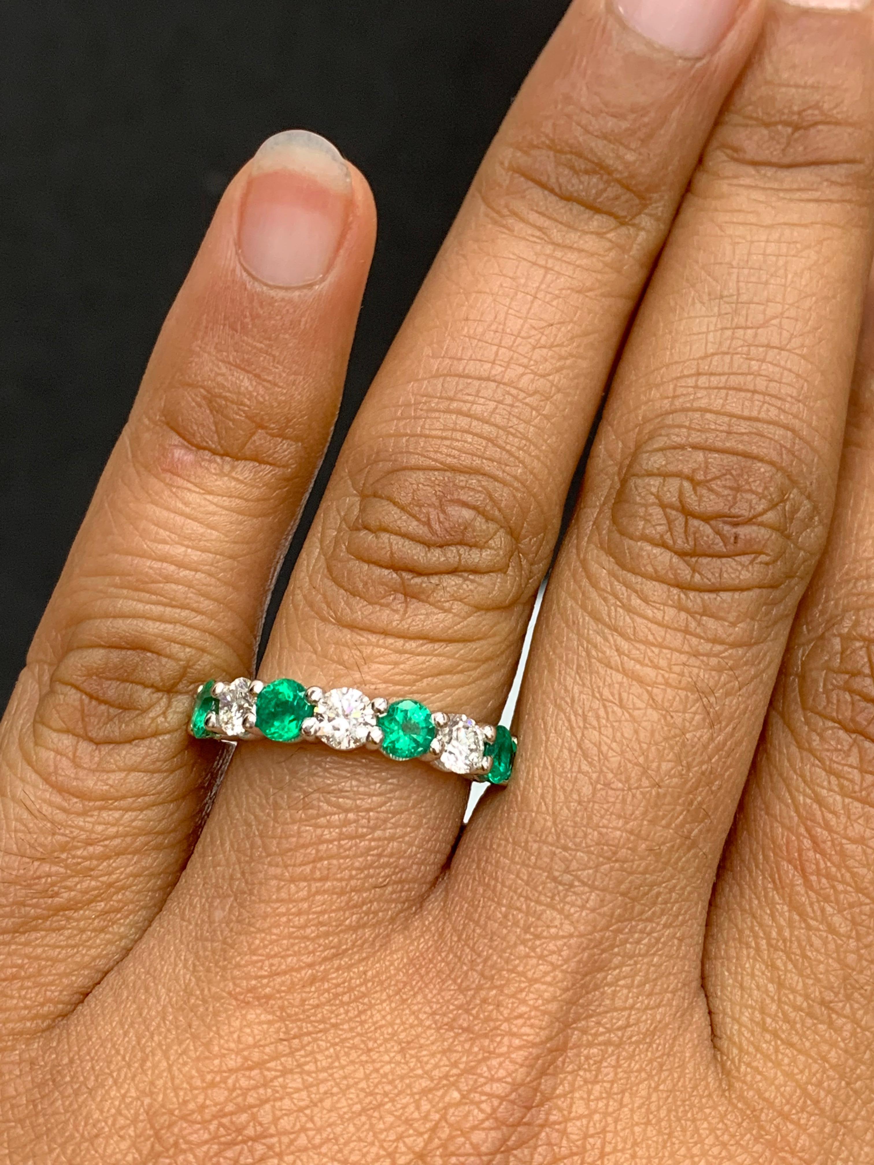Contemporary 0.97 Carat Alternating Emerald and Diamond Halfway Wedding Band in 14K Whitegold For Sale