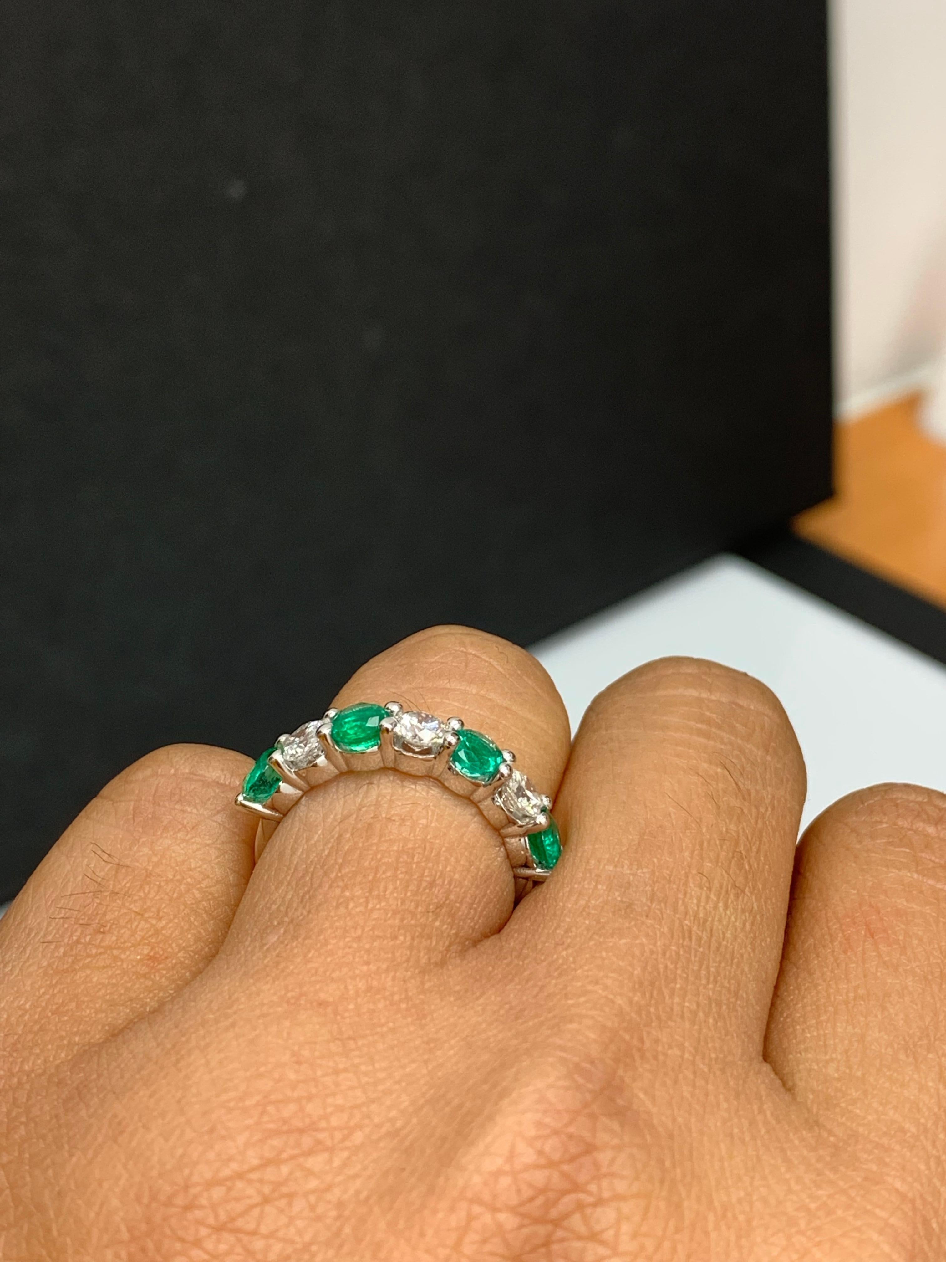 Brilliant Cut 0.97 Carat Alternating Emerald and Diamond Halfway Wedding Band in 14K Whitegold For Sale