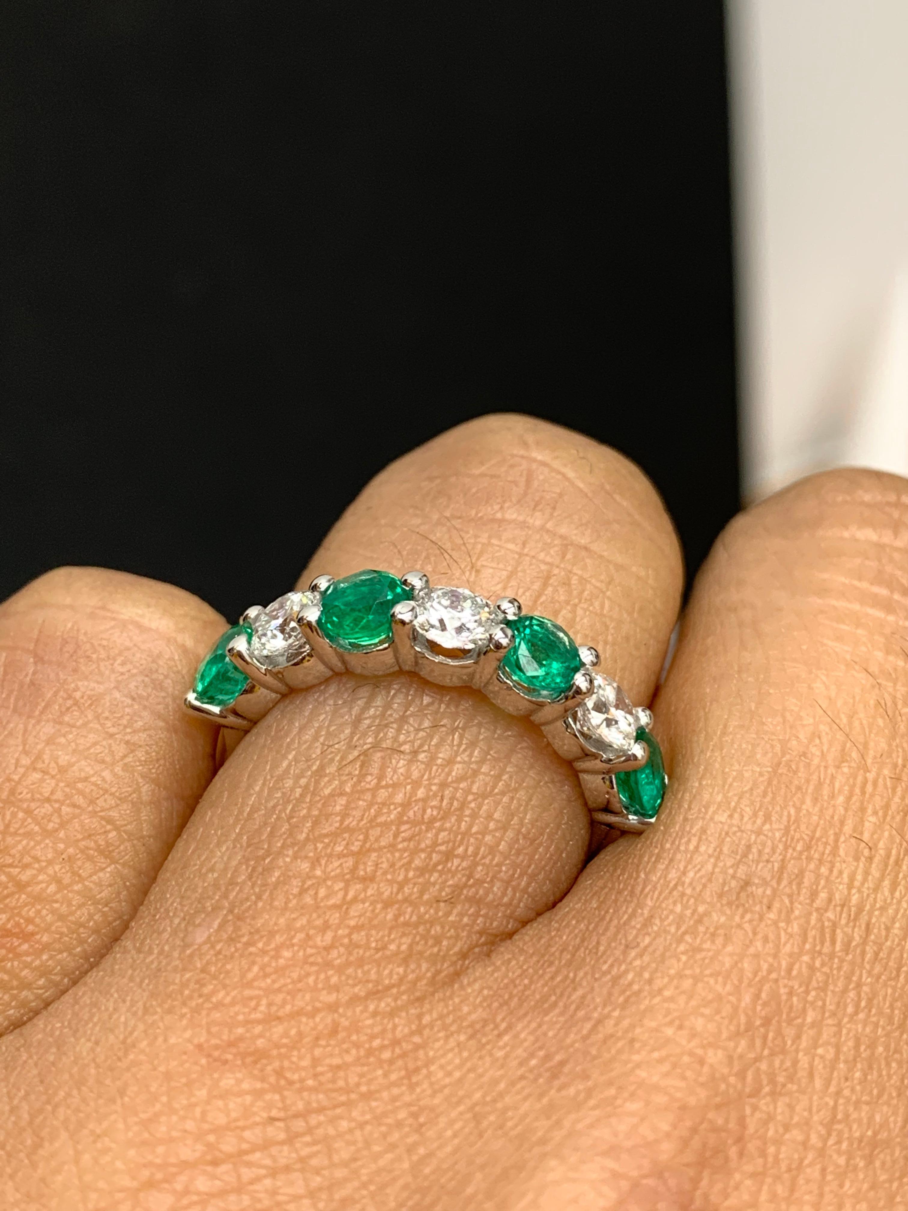 Women's 0.97 Carat Alternating Emerald and Diamond Halfway Wedding Band in 14K Whitegold For Sale