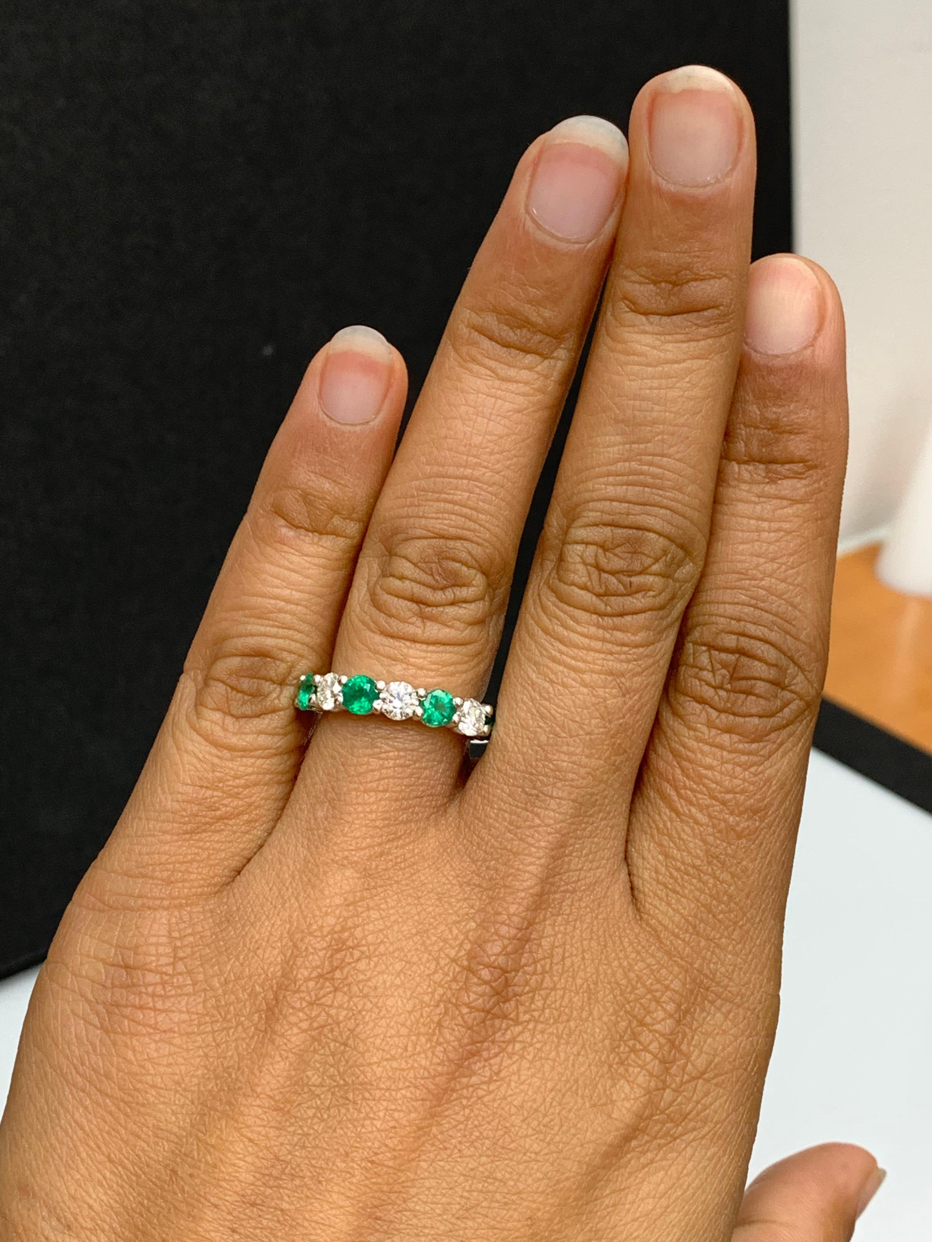 0.97 Carat Alternating Emerald and Diamond Halfway Wedding Band in 14K Whitegold For Sale 3