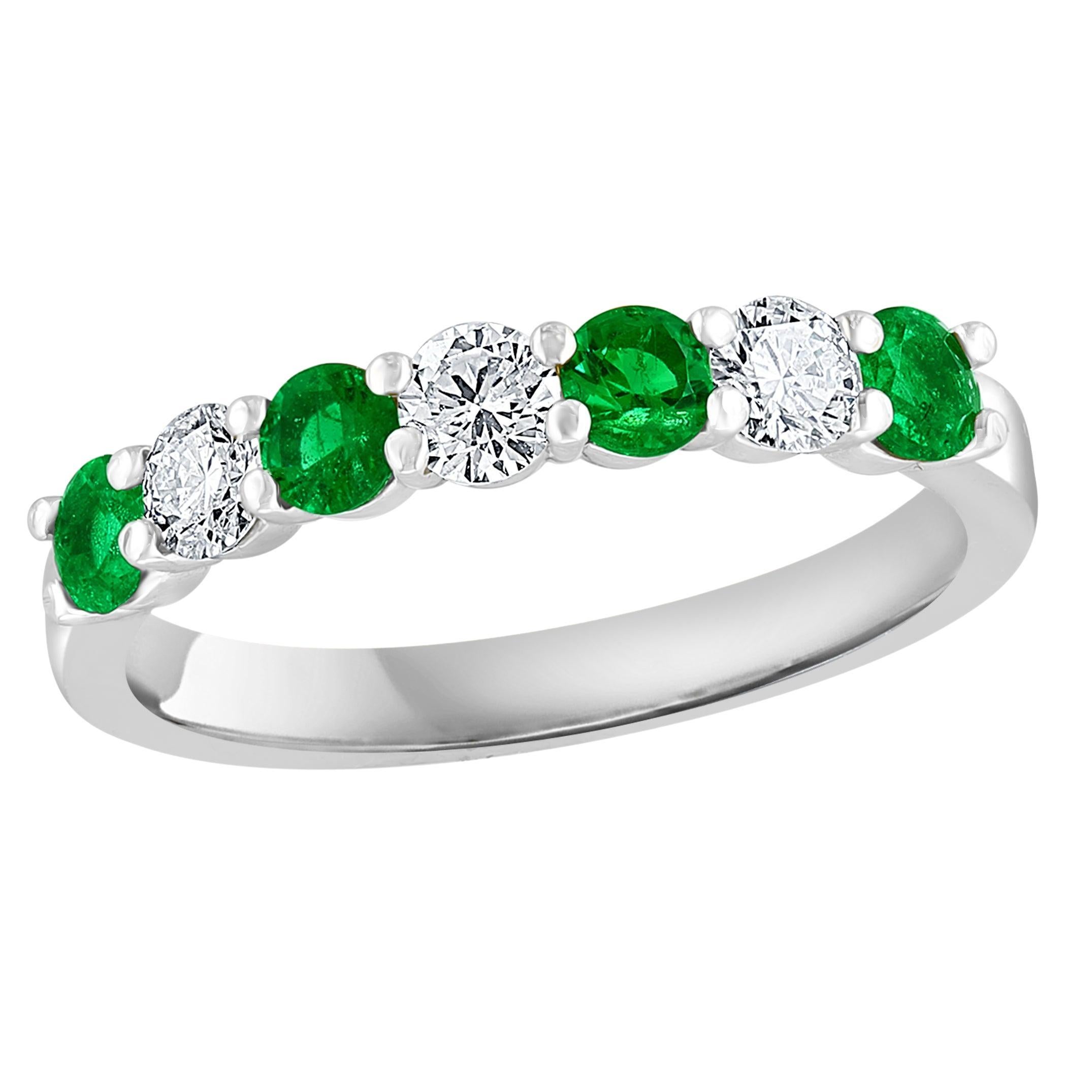 0.97 Carat Alternating Emerald and Diamond Halfway Wedding Band in 14K Whitegold