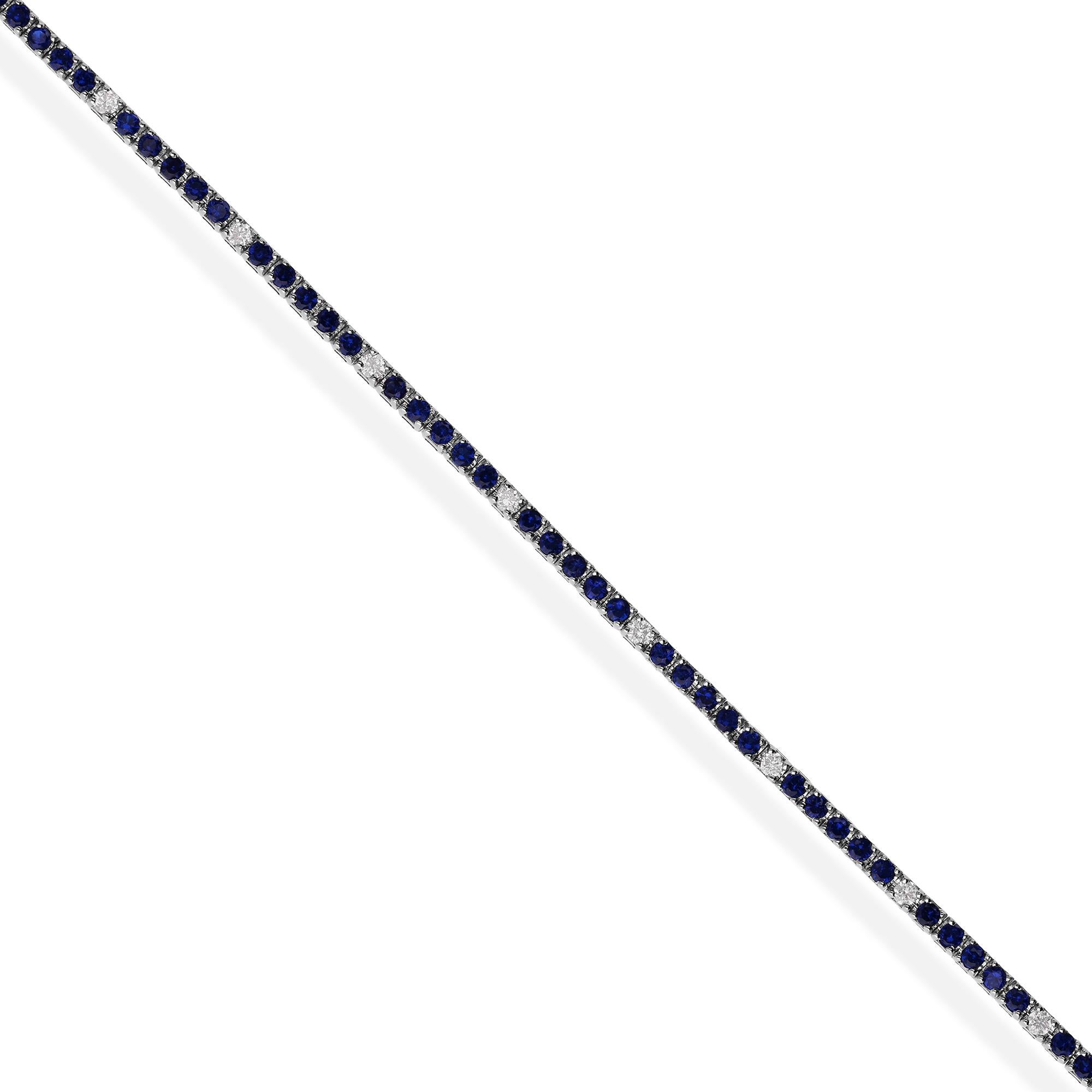 Round Cut 0.97 Carat Blue Gemstone Tennis Bracelet 0.2 Ct SI/H Diamond 10 Karat White Gold For Sale