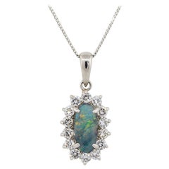 0.97 Carat Black Opal Pendant with Diamond Halo Necklace Platinum in Stock