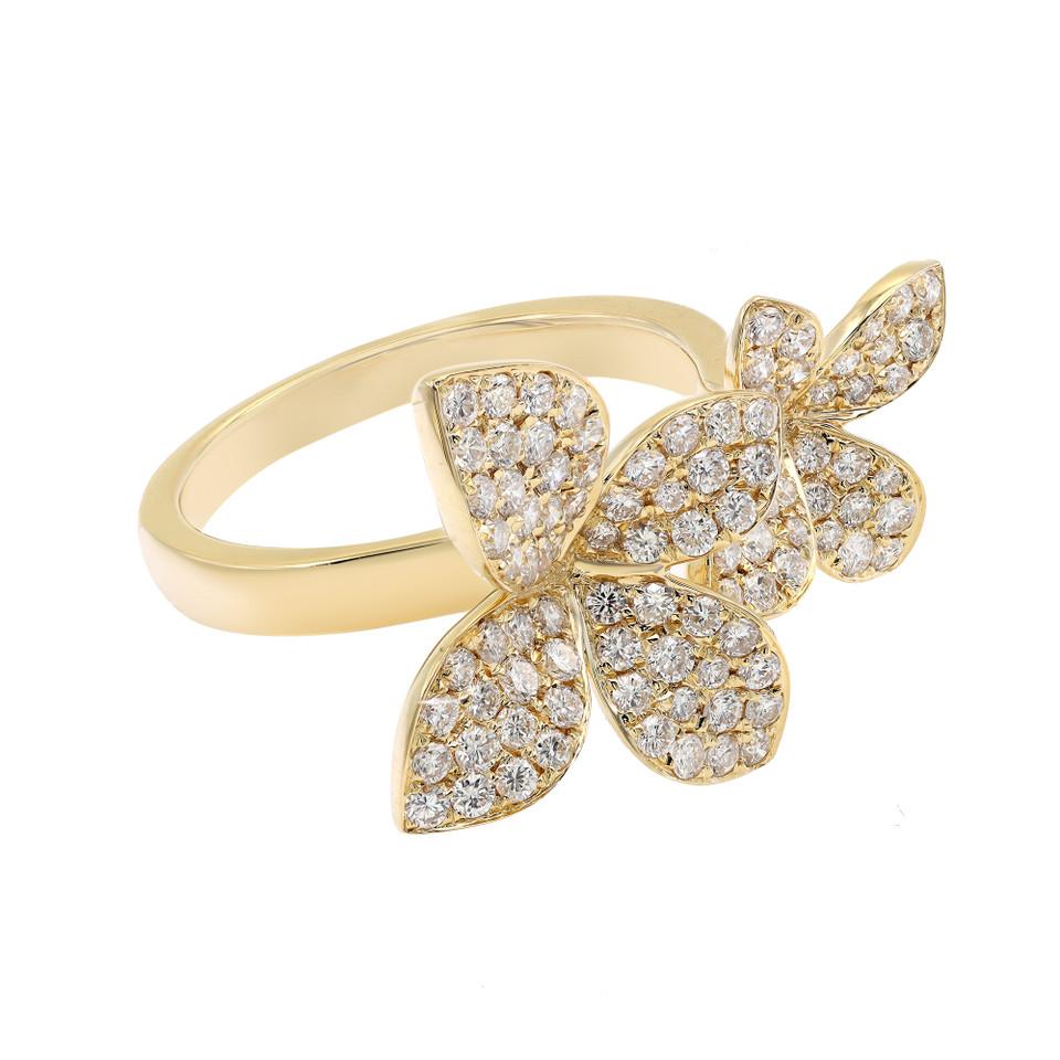 Modern 0.97 Carat Diamond Double Flower Statement Ring in 18K Yellow Gold For Sale