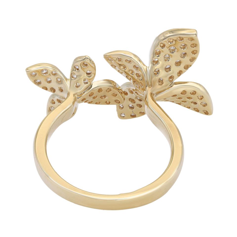 Round Cut 0.97 Carat Diamond Double Flower Statement Ring in 18K Yellow Gold For Sale