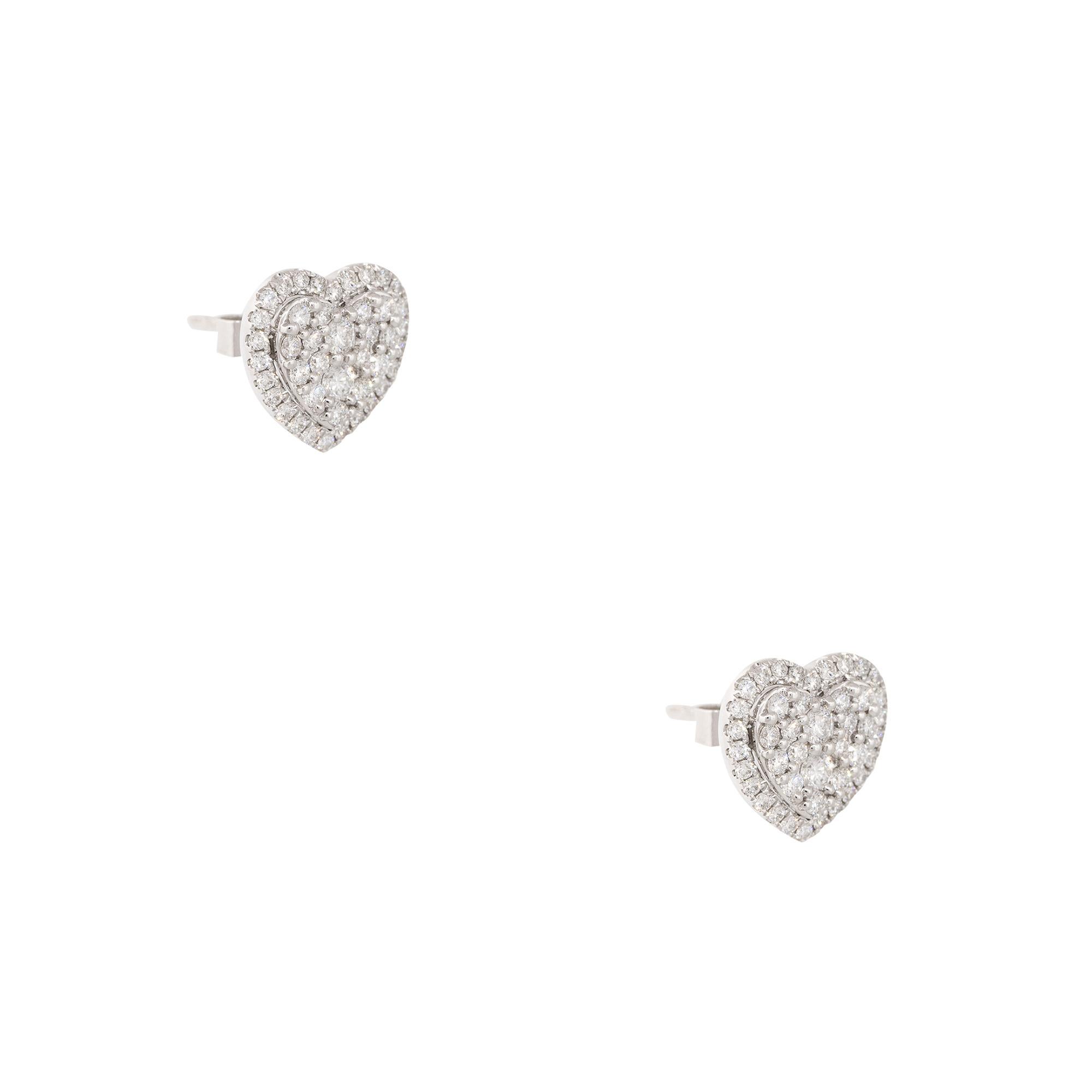 Round Cut 0.97 Carat Diamond Halo Pave Heart Stud Earrings 18 Karat in Stock For Sale