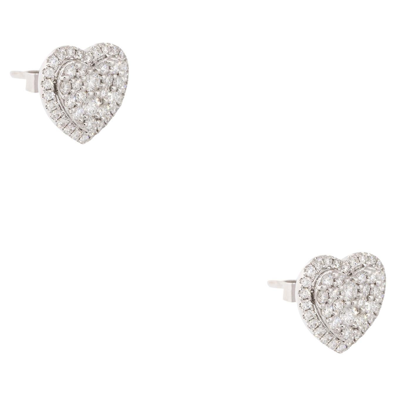 0.97 Carat Diamond Halo Pave Heart Stud Earrings 18 Karat in Stock For Sale