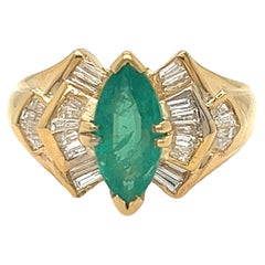 Retro 0.97 carat Marquise Emerald and Baguette Diamond Chevron Ring 14K Yellow Gold
