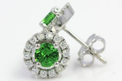 0.97 Carat Natural Diamond and Green Tsavorite 14K White Gold Halo Stud Earrings