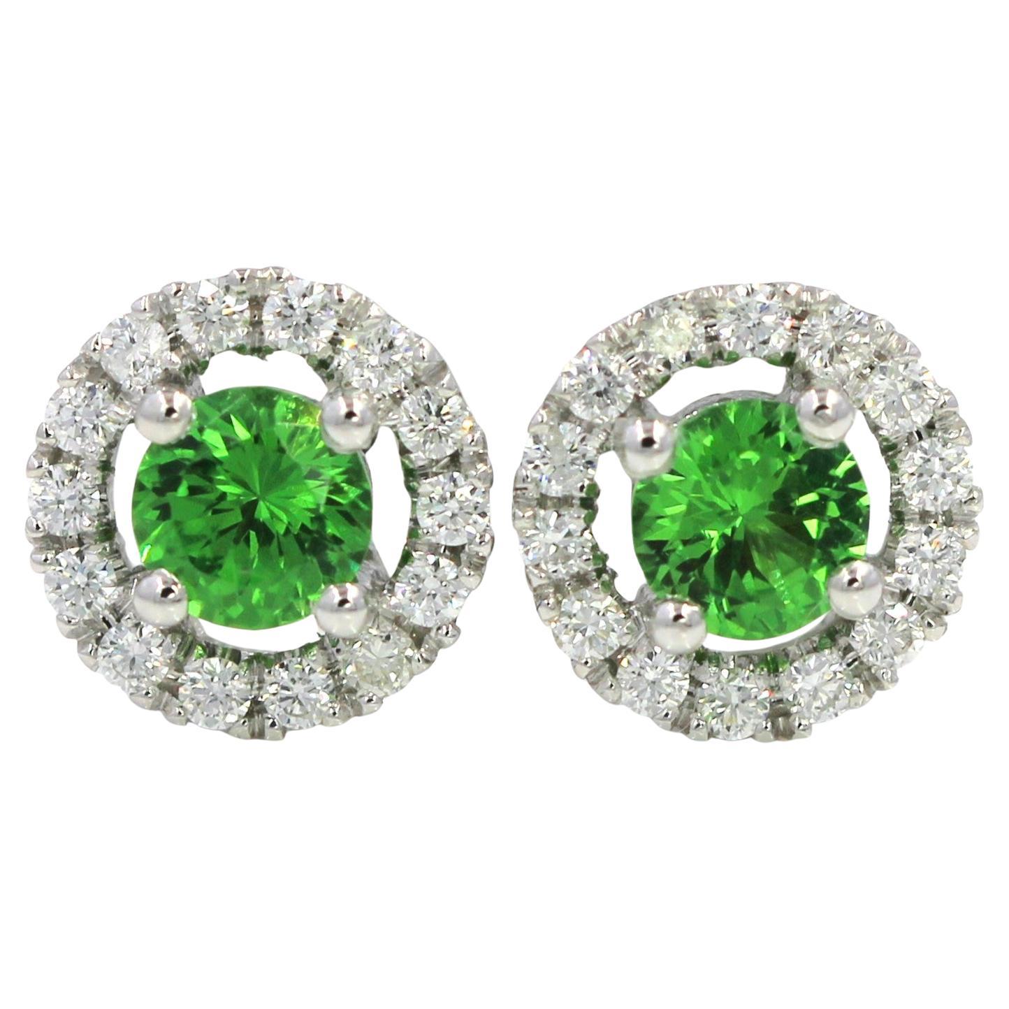 0.97 Carat Natural Diamond and Green Tsavorite 14K White Gold Halo Stud Earrings