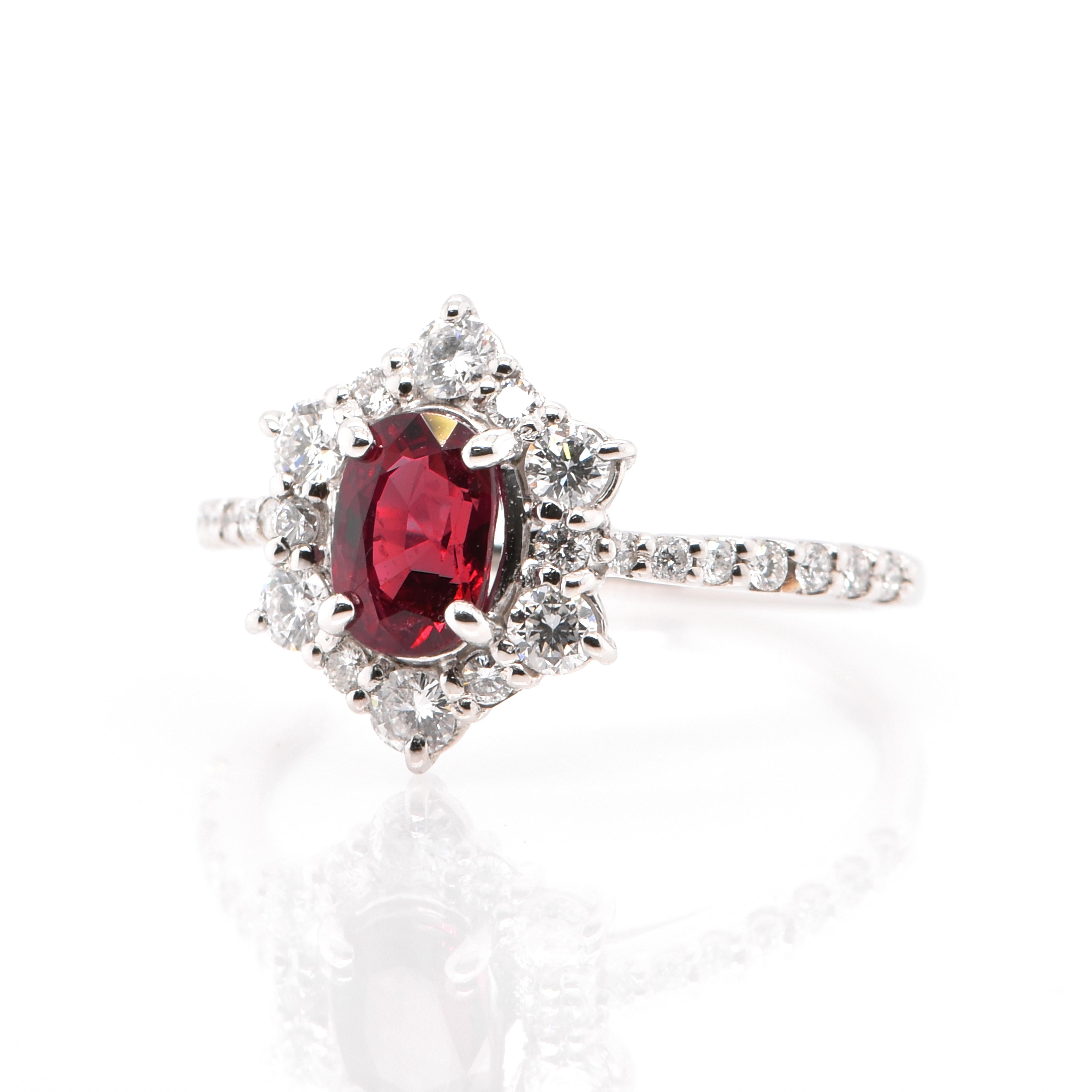 Modern 0.97 Carat Natural Ruby and Diamond Ring Set in Platinum For Sale