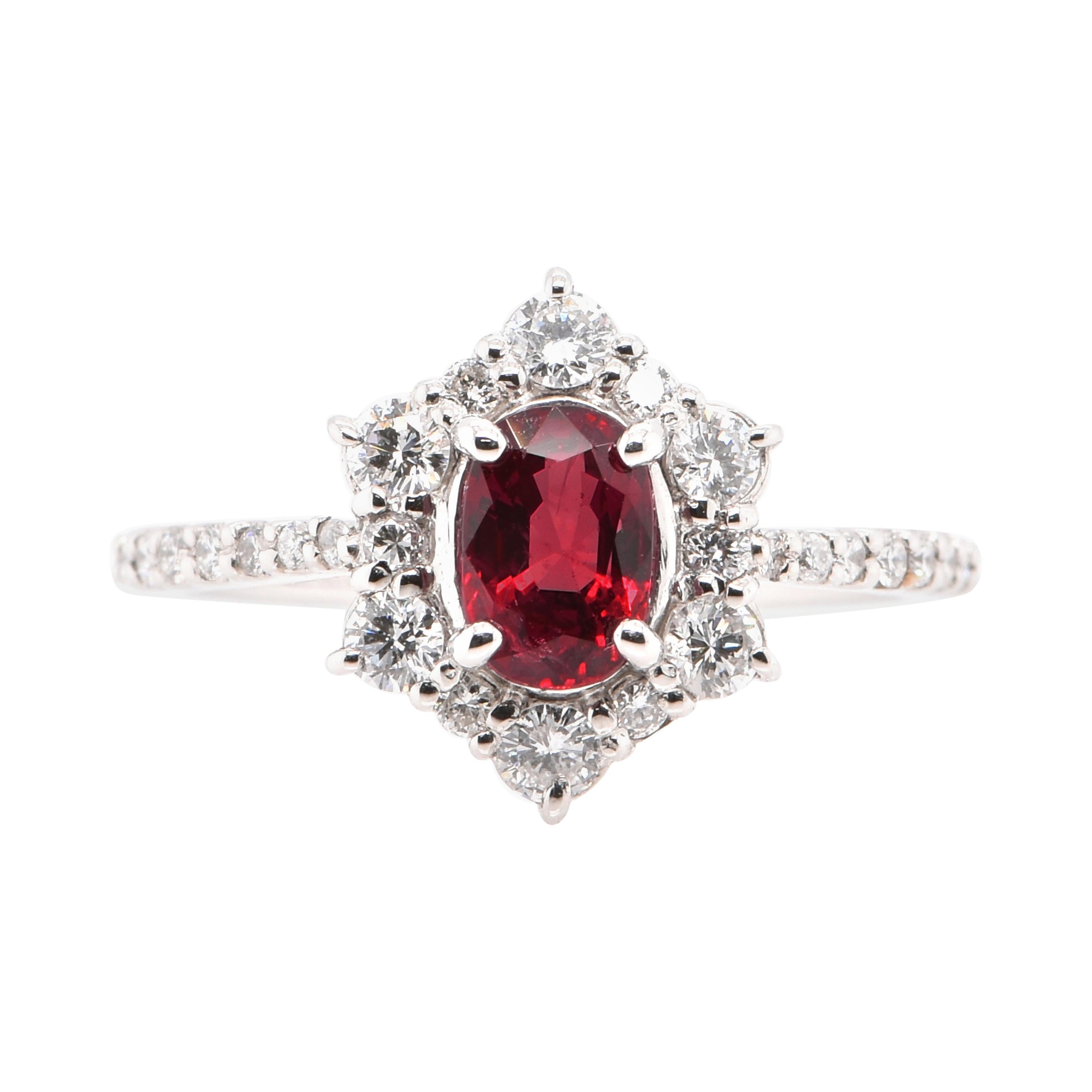 0.97 Carat Natural Ruby and Diamond Ring Set in Platinum For Sale
