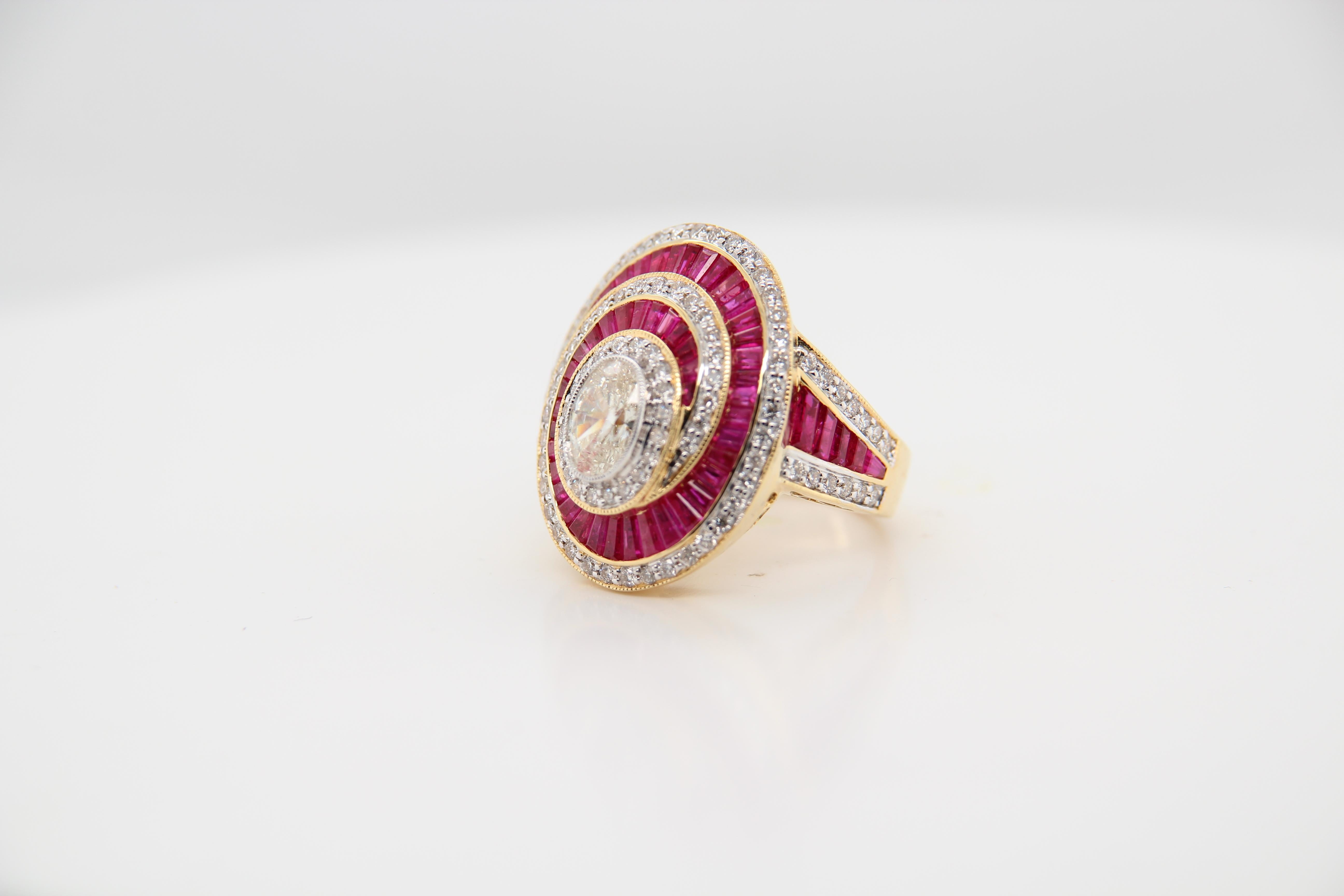 A diamond and ruby ring. The center stone is an oval shaped diamond weighing 0.97 carat surrounded by 1.05 carat diamonds and 2.63 carat rubies. The ring is made in 18 karat 13.08 g gross weight white gold. It can be resized. 
