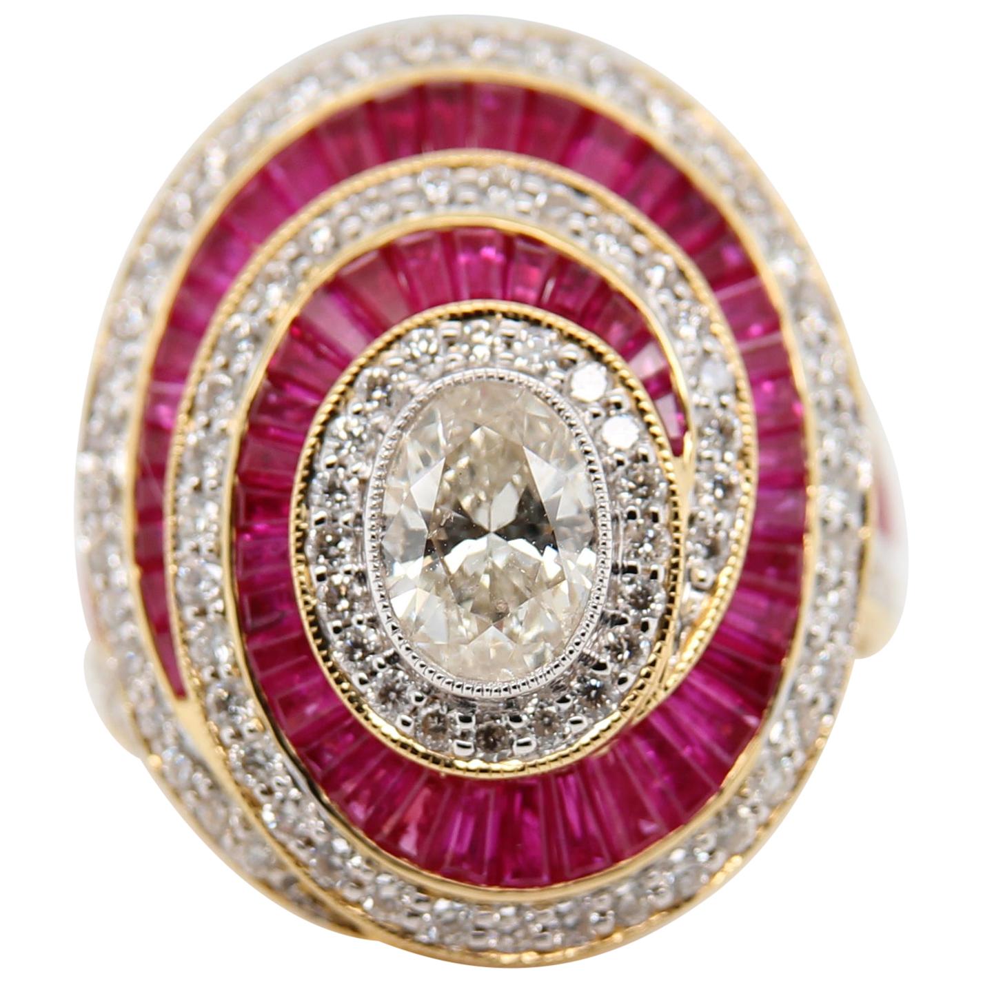 0.97 Carat Oval Diamond and Ruby 18 Karat Gold Ring