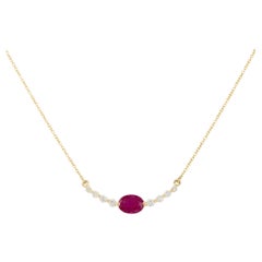 0.97 Carat Oval Ruby and Diamond Curved Bar Necklace 14 Karat In Stock