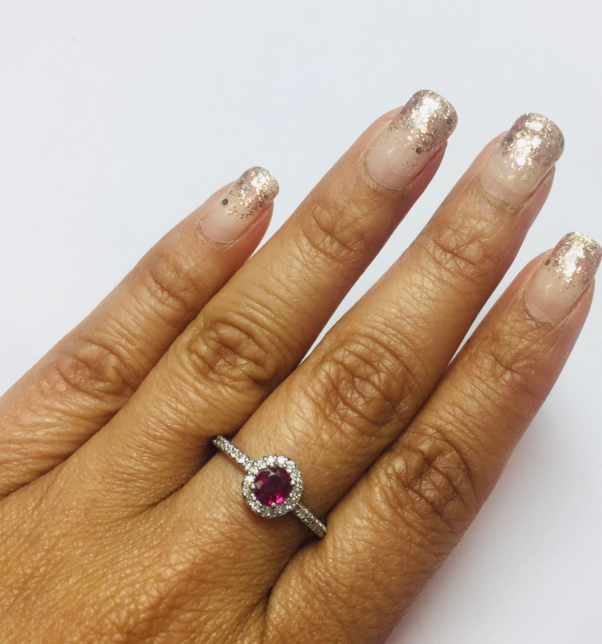 Round Cut 0.97 Carat Ruby Diamond 14 Karat White Gold Engagement Ring For Sale