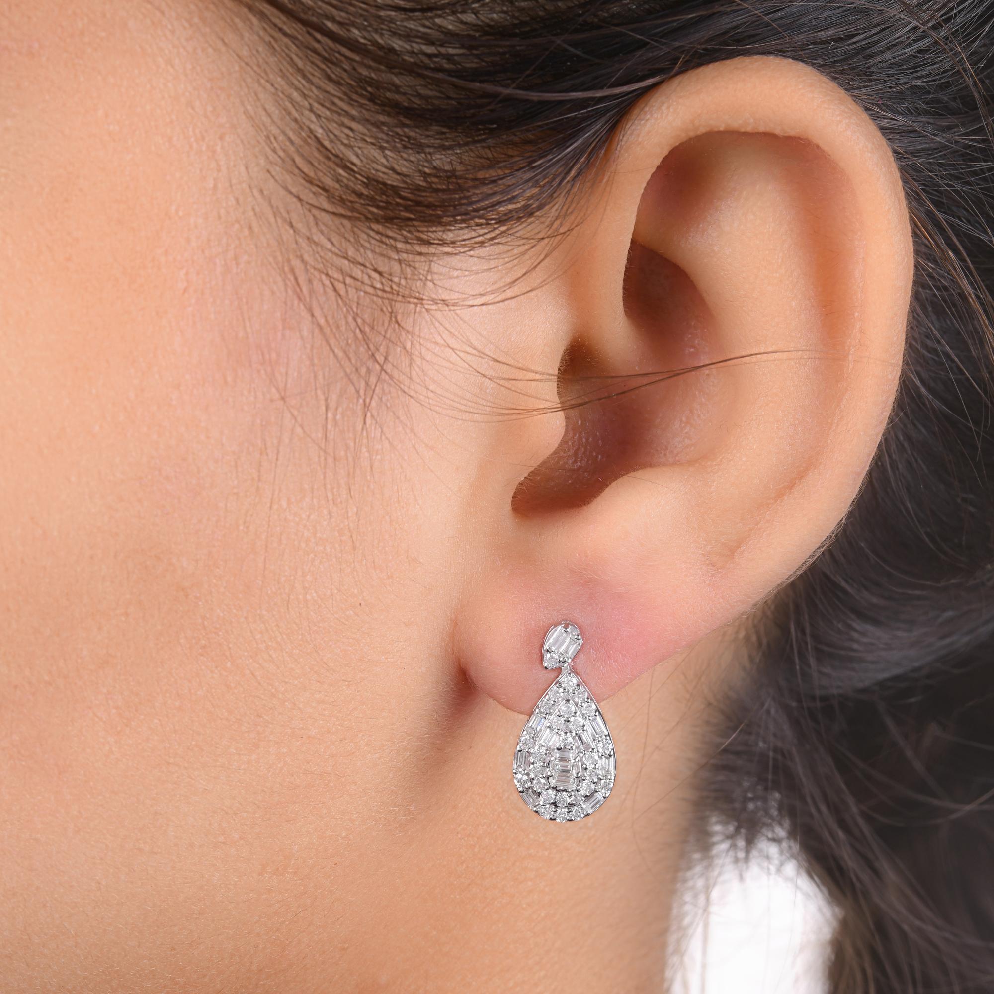 Baguette Cut 0.97 Carat SI/H Baguette Round Diamond Earrings 14 Karat White Gold Fine Jewelry For Sale