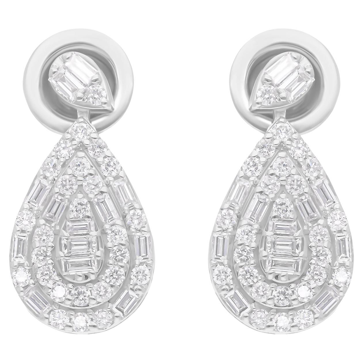 0.97 Carat SI/H Baguette Round Diamond Earrings 14 Karat White Gold Fine Jewelry For Sale