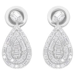 Pendientes de diamantes redondos baguette SI/H de 0,97 quilates Oro blanco de 18 quilates Joyería fina