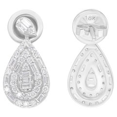 0.97 Carat SI/H Diamond Halo Minimalist Dangle Drop Earrings 18 Karat White Gold
