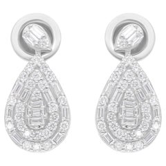 0.97 Carat SI/H Diamond Halo Minimalist Dangle Drop Earrings 18 Karat White Gold
