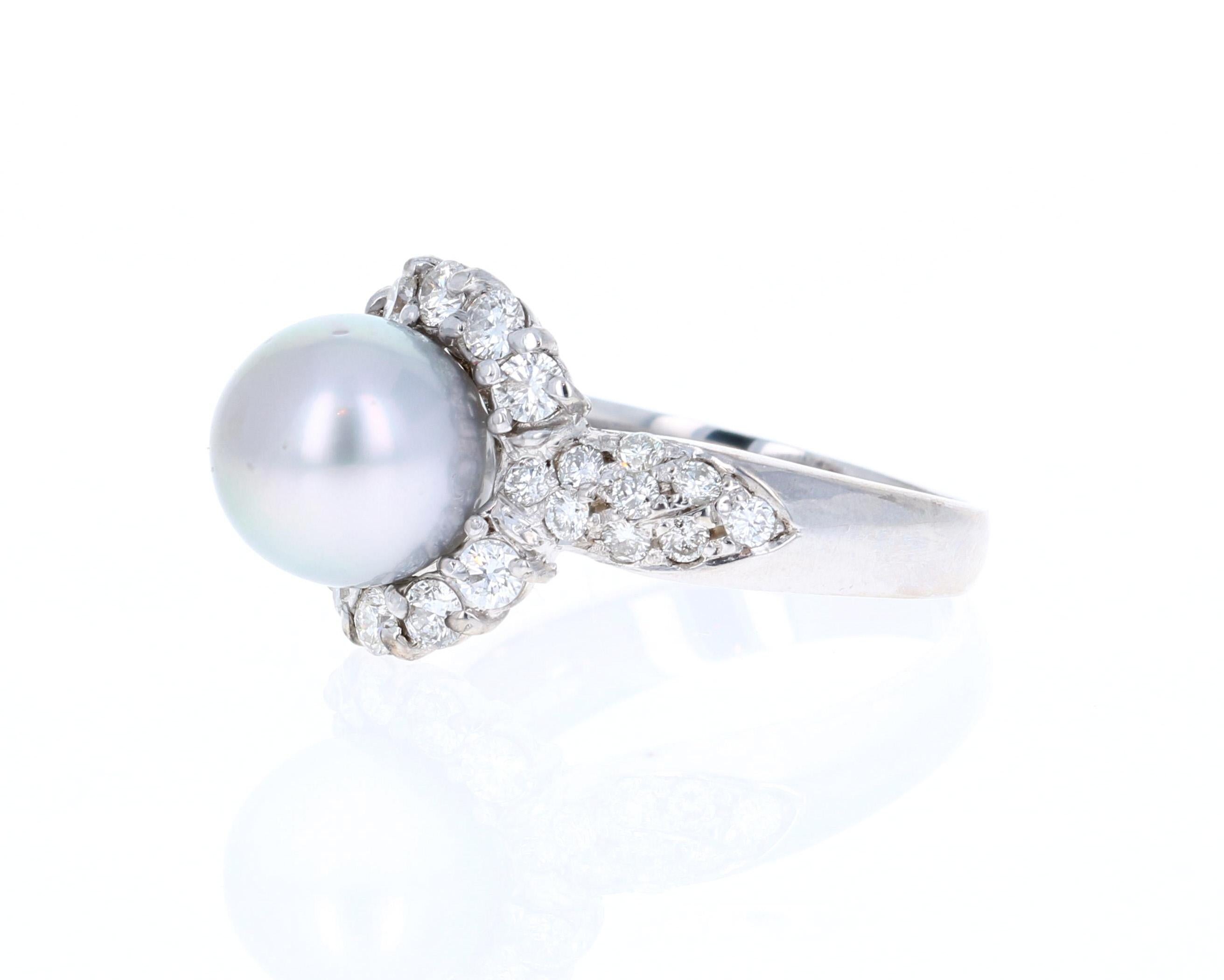Contemporaneo Anello con perla di Tahiti e diamante da 0,97 carati in oro bianco 14 carati in vendita