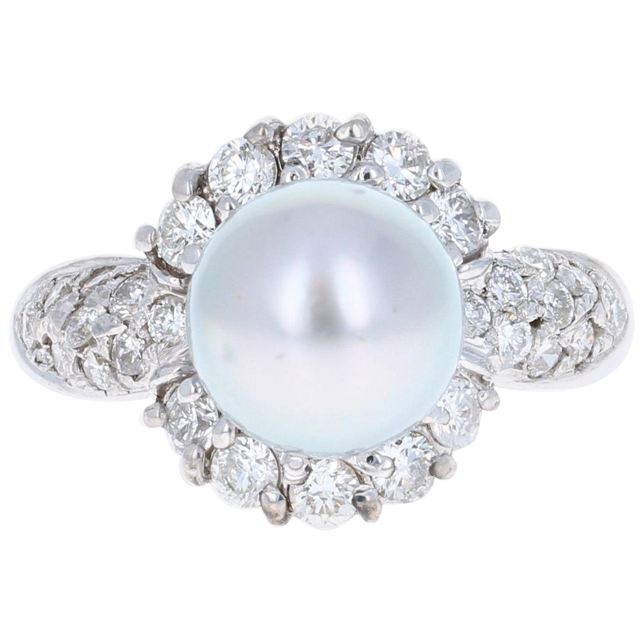 0.97 Carat Tahitian Pearl and Diamond 14 Karat White Gold Ring