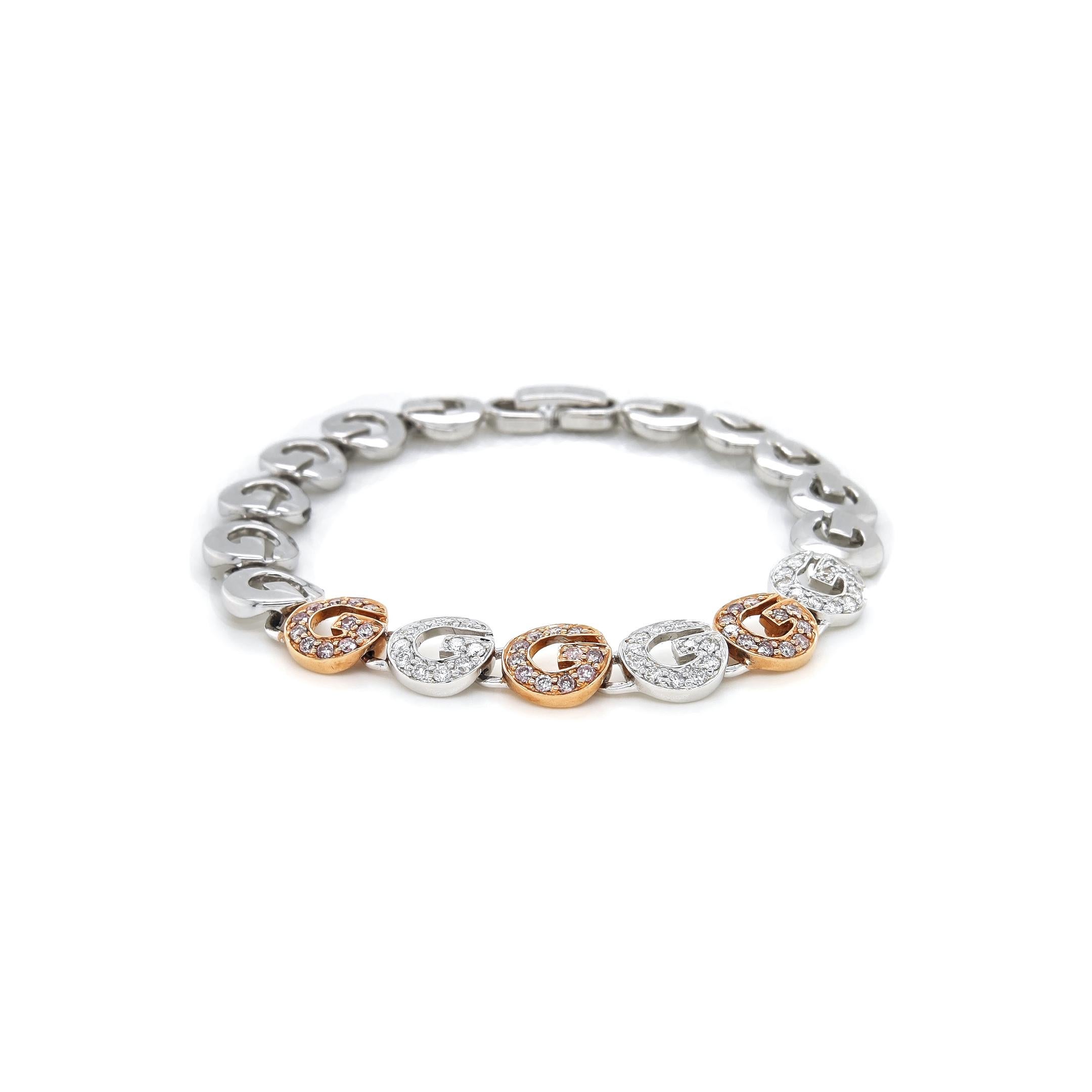 Round Cut 0.97 Carats Pink and White Diamond Rose and White Gold Bracelet For Sale