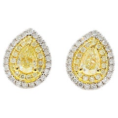 0.97 Carats Total Fancy Yellow Diamond Pear Shape Earrings Double Halo 18K Gold