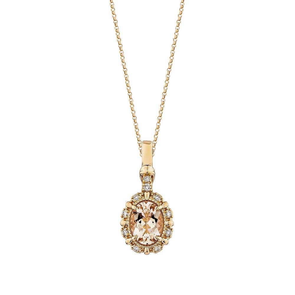 This collection includes a range of Morganite, which is a symbol of love and relationships, making it an excellent choice for a variety of applications. Accented with White Diamonds this pendant is made in Rose Gold and present a classic yet elegant