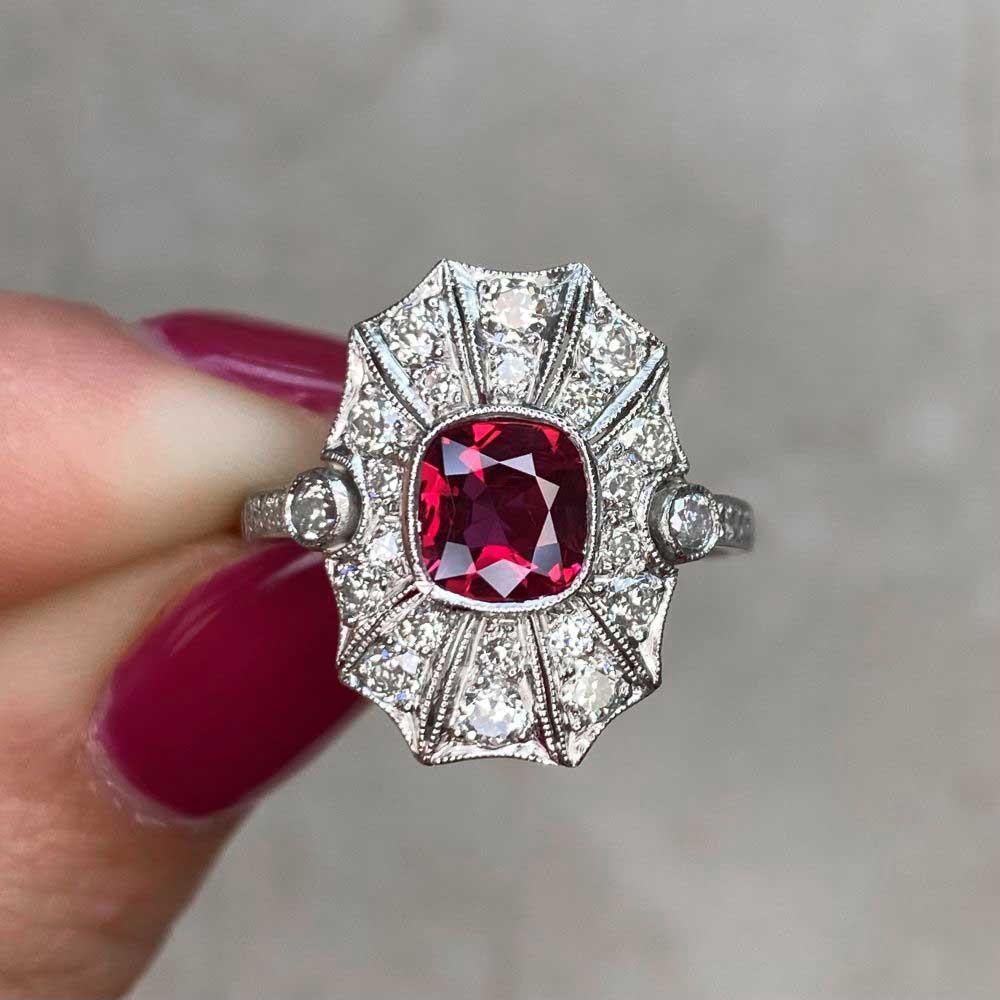 0.97ct Cushion Cut Natural Burma Ruby Cocktail Ring, Platinum  For Sale 5