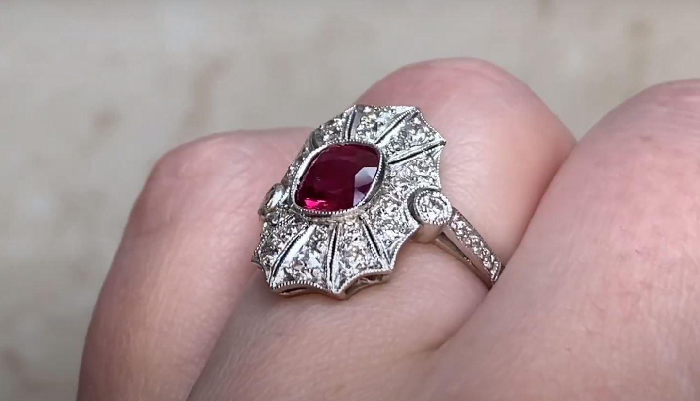 0.97ct Cushion Cut Natural Burma Ruby Cocktail Ring, Platinum  For Sale 1