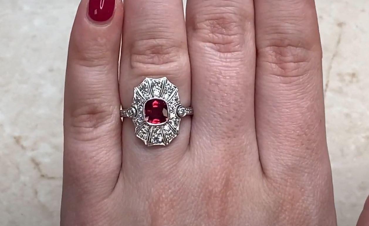 0.97ct Cushion Cut Natural Burma Ruby Cocktail Ring, Platinum  For Sale 3