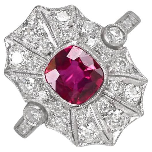 0.97ct Cushion Cut Natural Burma Ruby Cocktail Ring, Platinum  For Sale