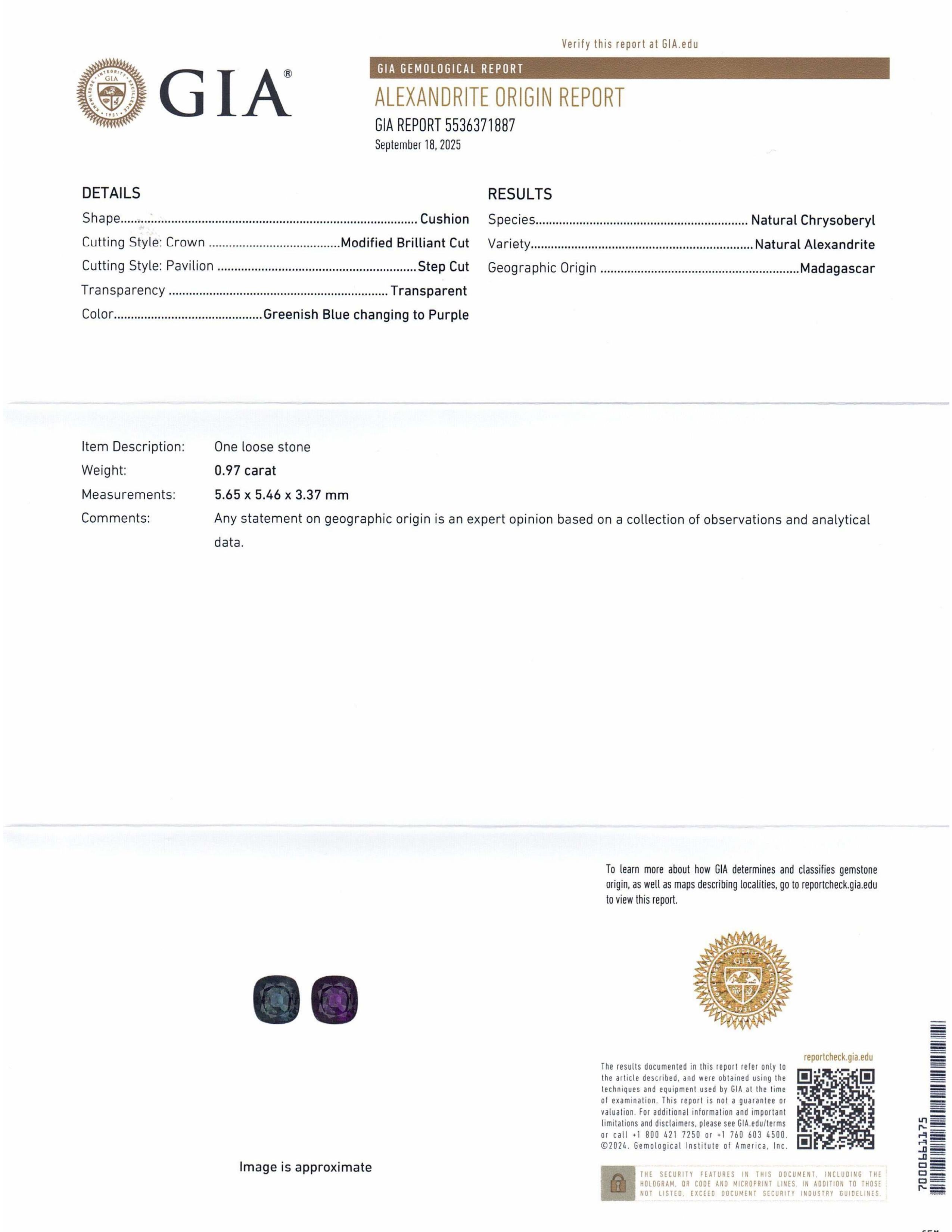Il s'agit d'une magnifique Alexandrite certifiée par la GIA. 


Le rapport de la GIA se lit comme suit :

Numéro de rapport GIA : 5536371887
Forme : Coussin
Style de coupe : 
Style de coupe : Couronne : Coupe brillante modifiée
Style de coupe :