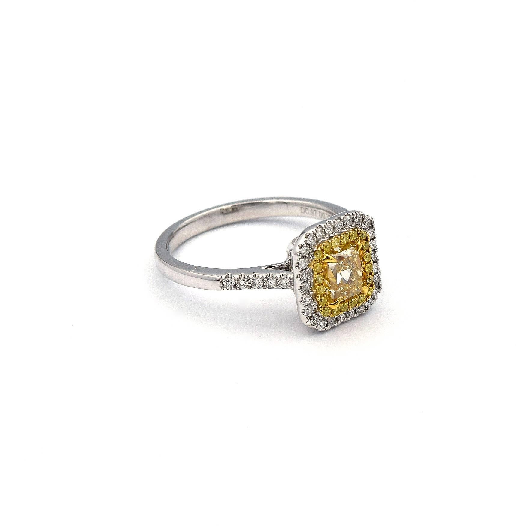 This gorgeous ring has a stunning 0.97ct Radiant Natural Yellow Diamond in the center, along with 20 yellow Pave diamonds weighting 0.08ct and 36 white Pave Diamonds weighting 0.17ct.

Makes a lovely engagement ring, or just a ring to add to your