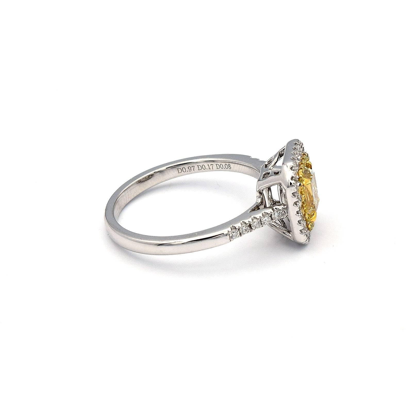 Radiant Cut 0.97 Carat Radiant Natural Yellow Diamond Ring in 18 Karat White Gold For Sale