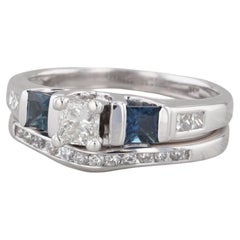 0.97ctw Princess Diamond Sapphire Engagement Ring Wedding Band 14k White Gold