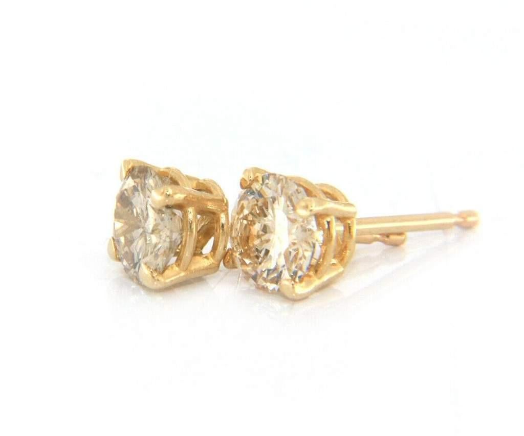 Round Cut 0.97ctw Round Brilliant Cut Diamond Solitaire Stud Earrings in 14K Yellow Gold For Sale