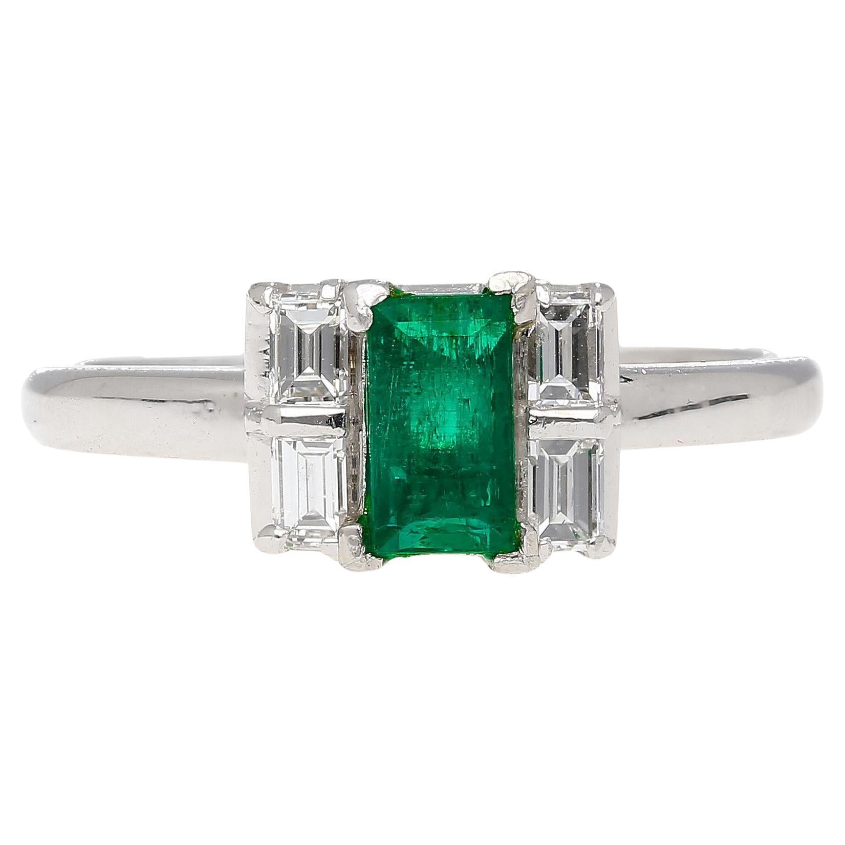 0.98 Carat Baguette Colombian Emerald, Diamond Platinum Thin Ring For Sale