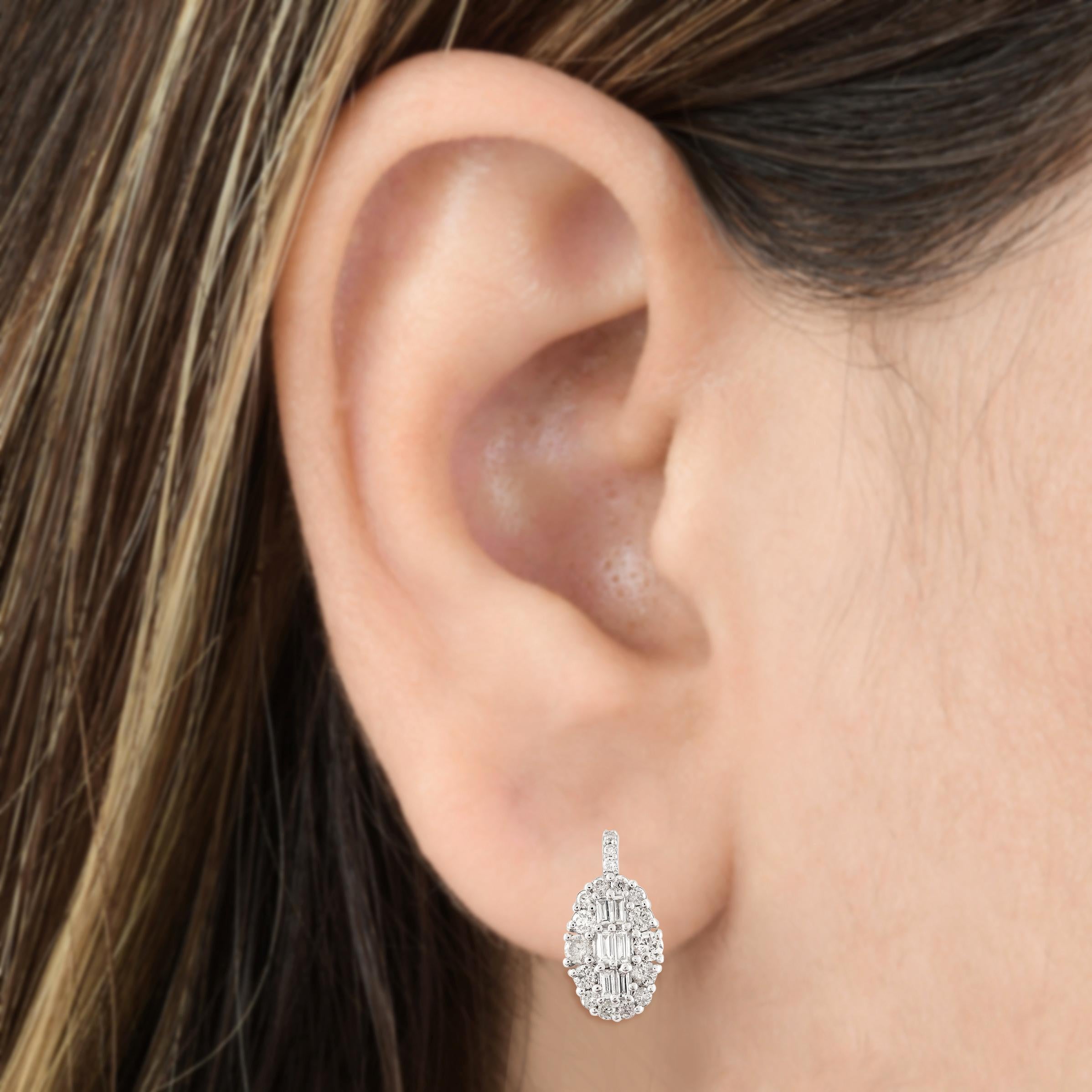 Modern 0.98 Carat Baguette Diamond Designer Hook Earrings Solid 10k White Gold Jewelry For Sale