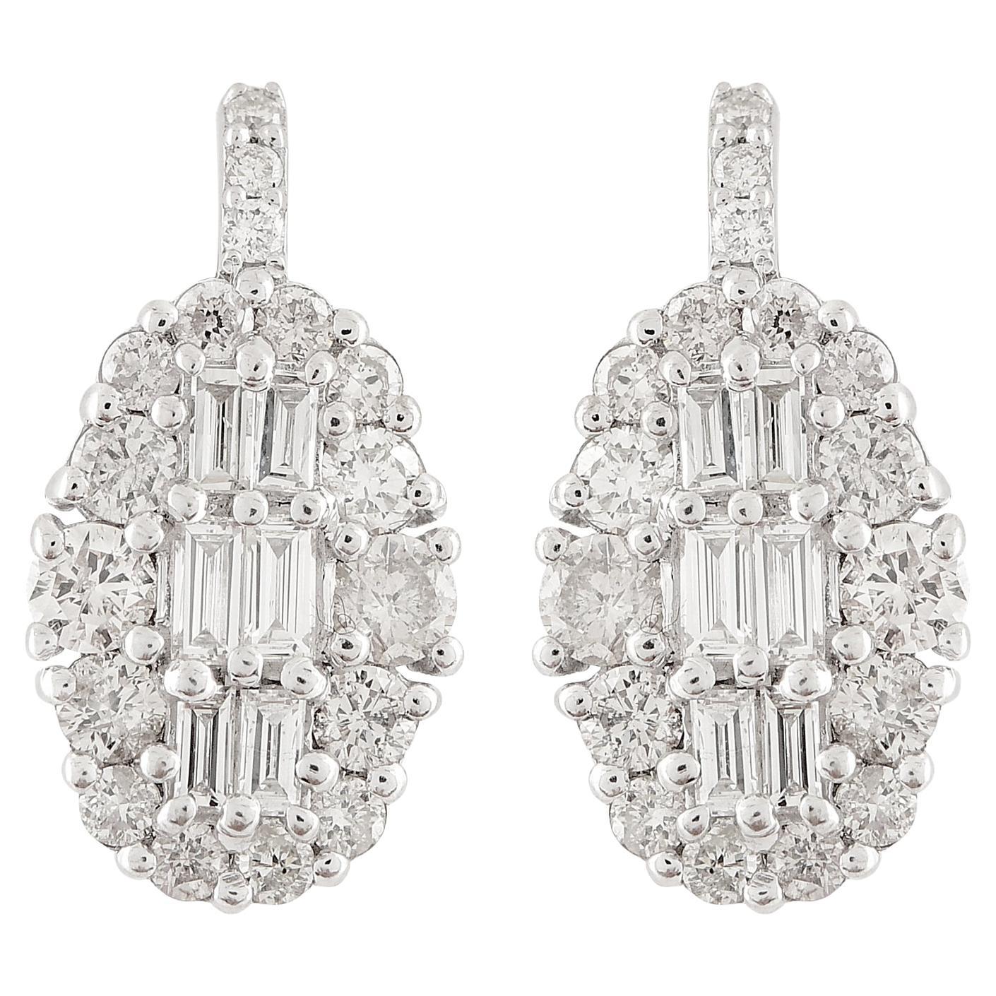 0.98 Carat Baguette Diamond Designer Hook Earrings Solid 10k White Gold Jewelry
