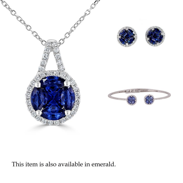 Women's 0.98 Carat Blue Sapphire with 0.19 Carat Diamond Halo Pendant in 18k White Gold For Sale