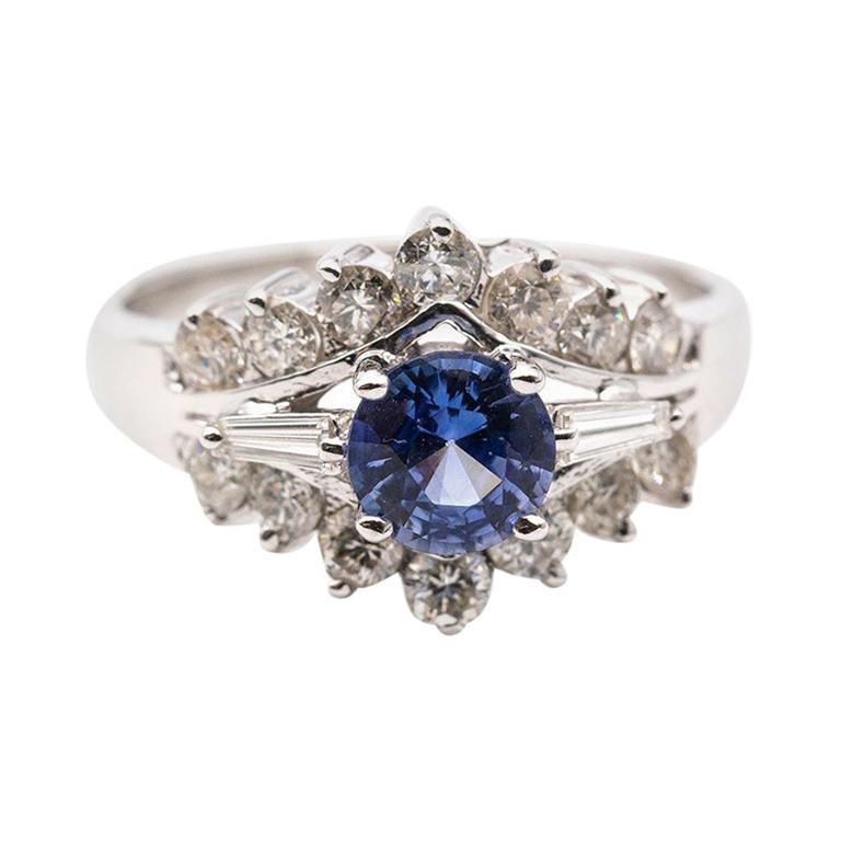0.98 Carat Bright Blue Sapphire and Diamond 18 Carat White Gold Cluster Ring