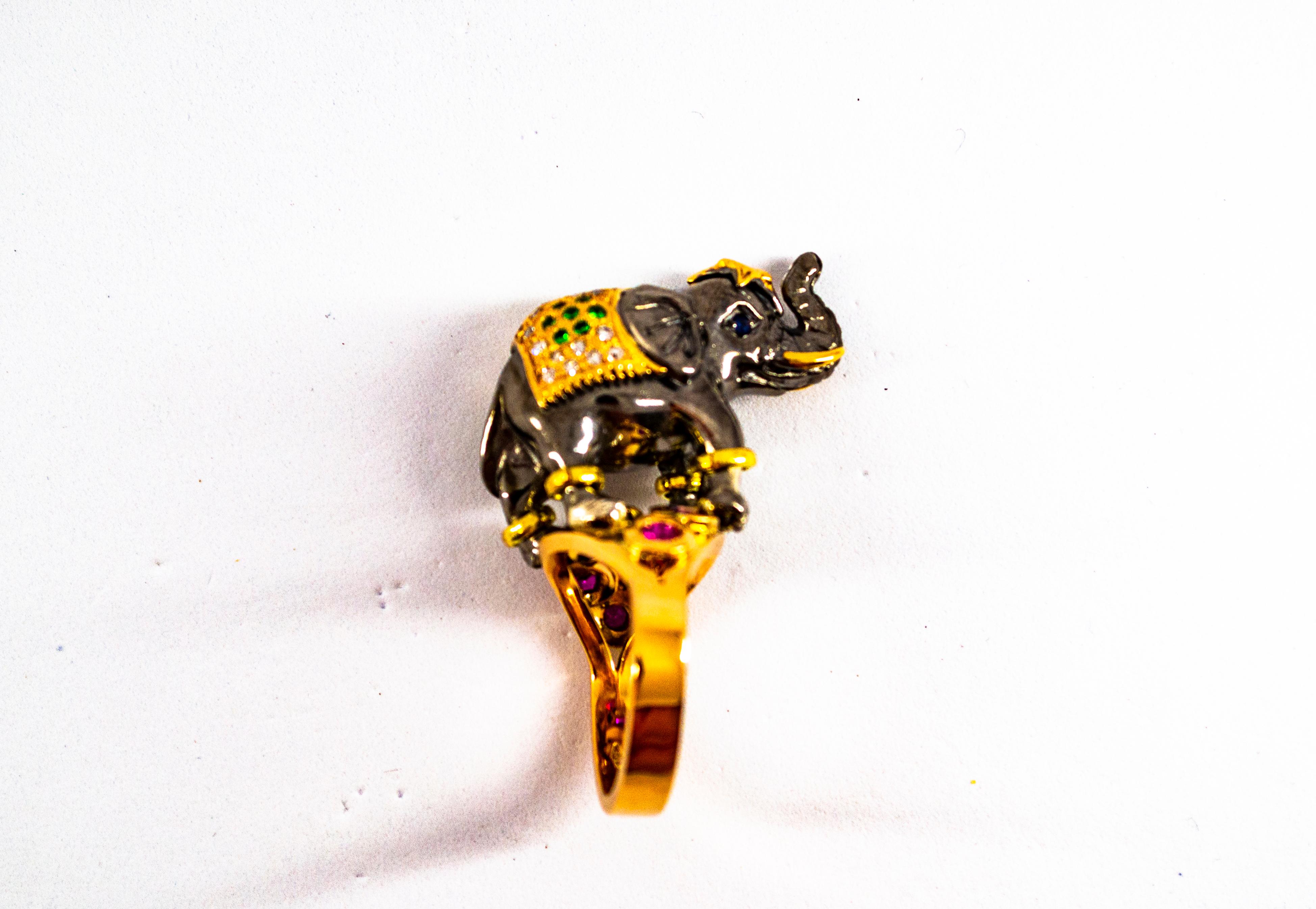 0.98 Carat Diamond Ruby Sapphire Tsavorite Yellow Gold Cocktail Elephant Ring 10