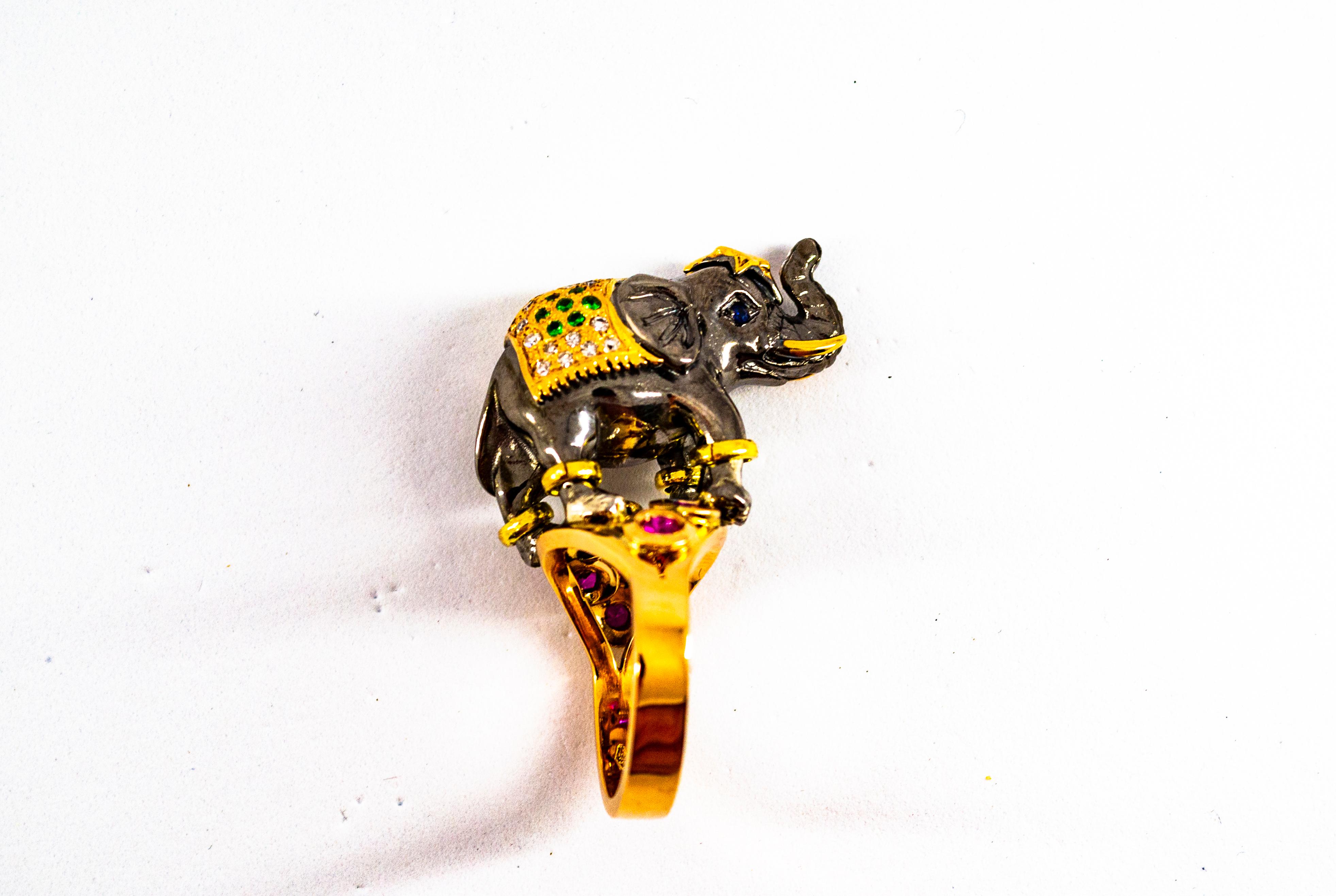 0.98 Carat Diamond Ruby Sapphire Tsavorite Yellow Gold Cocktail Elephant Ring 11