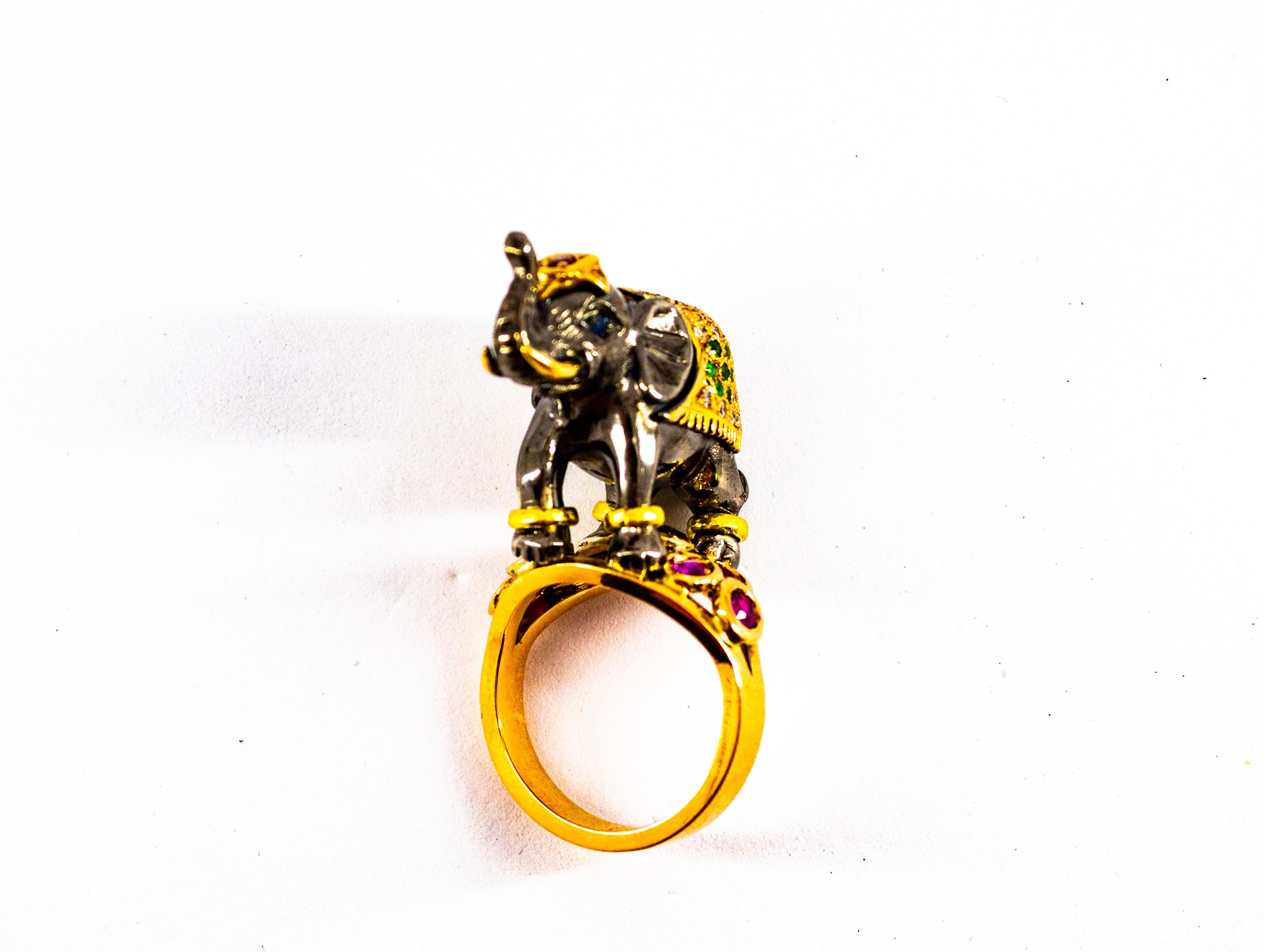 0.98 Carat Diamond Ruby Sapphire Tsavorite Yellow Gold Cocktail Elephant Ring 12