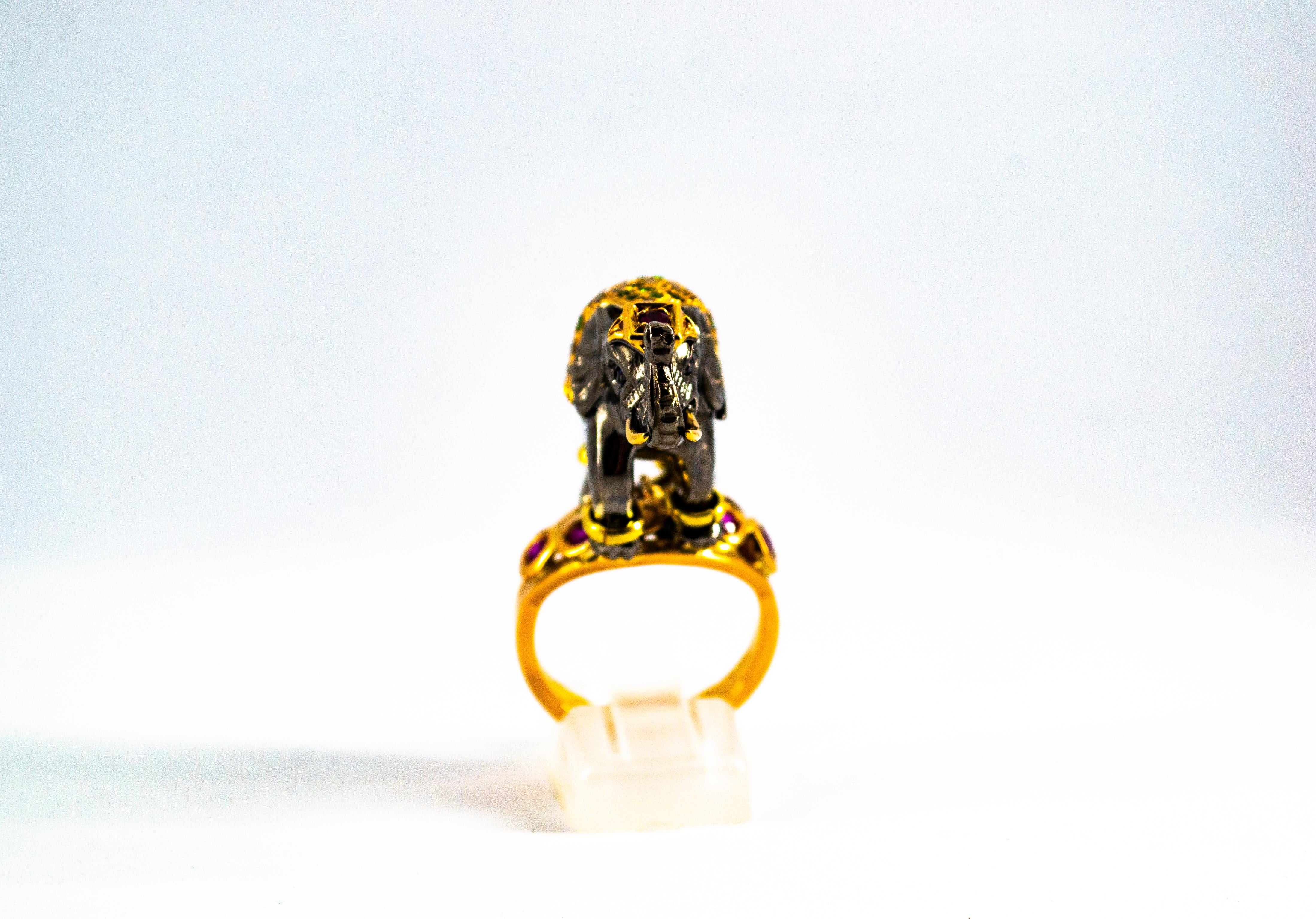 0.98 Carat Diamond Ruby Sapphire Tsavorite Yellow Gold Cocktail Elephant Ring In New Condition In Naples, IT