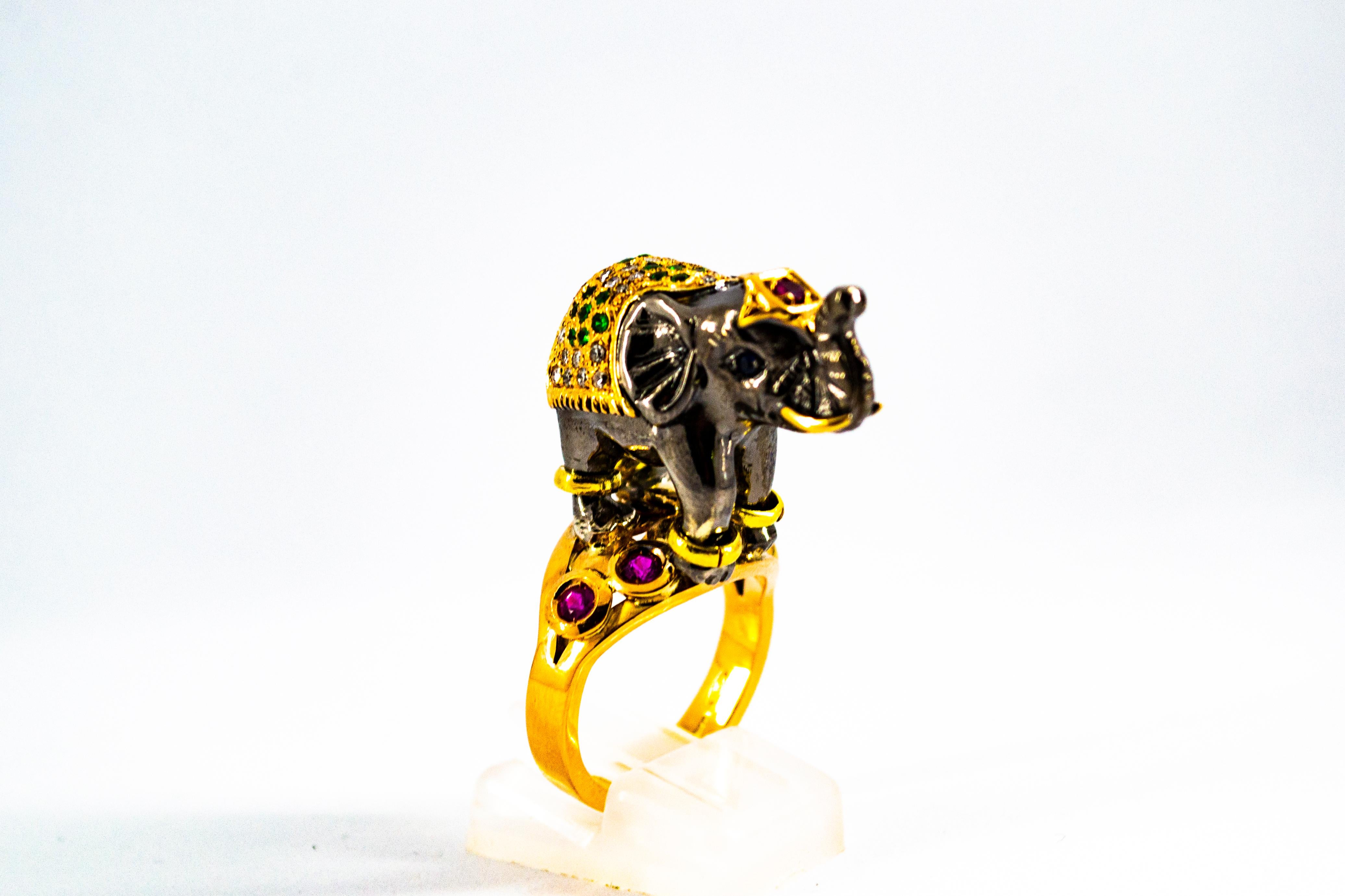 Women's or Men's 0.98 Carat Diamond Ruby Sapphire Tsavorite Yellow Gold Cocktail Elephant Ring